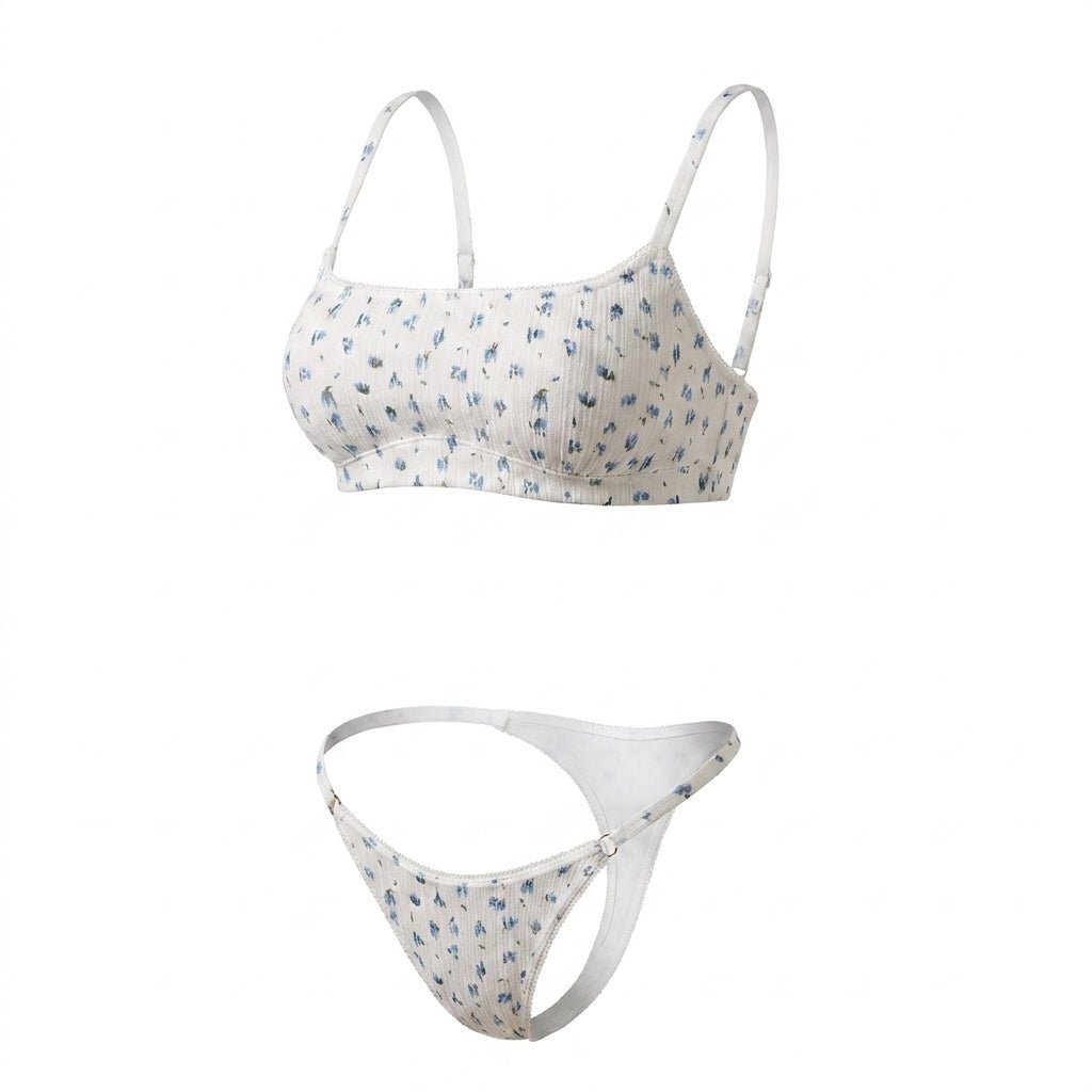 Baby Blue Cotton Floral Print Bralette and Thong Set - MARELIA