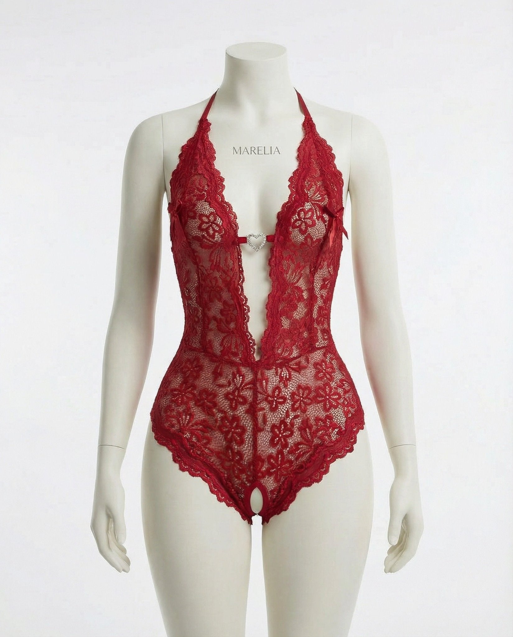 Burgundy crotchless halter lace teddy