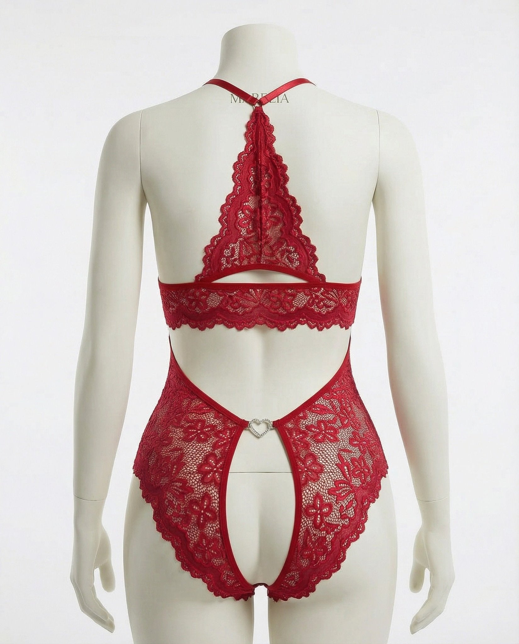 Burgundy crotchless halter lace teddy
