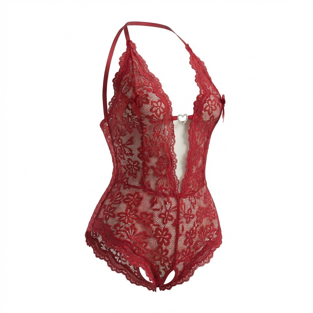 Burgundy crotchless halter lace teddy