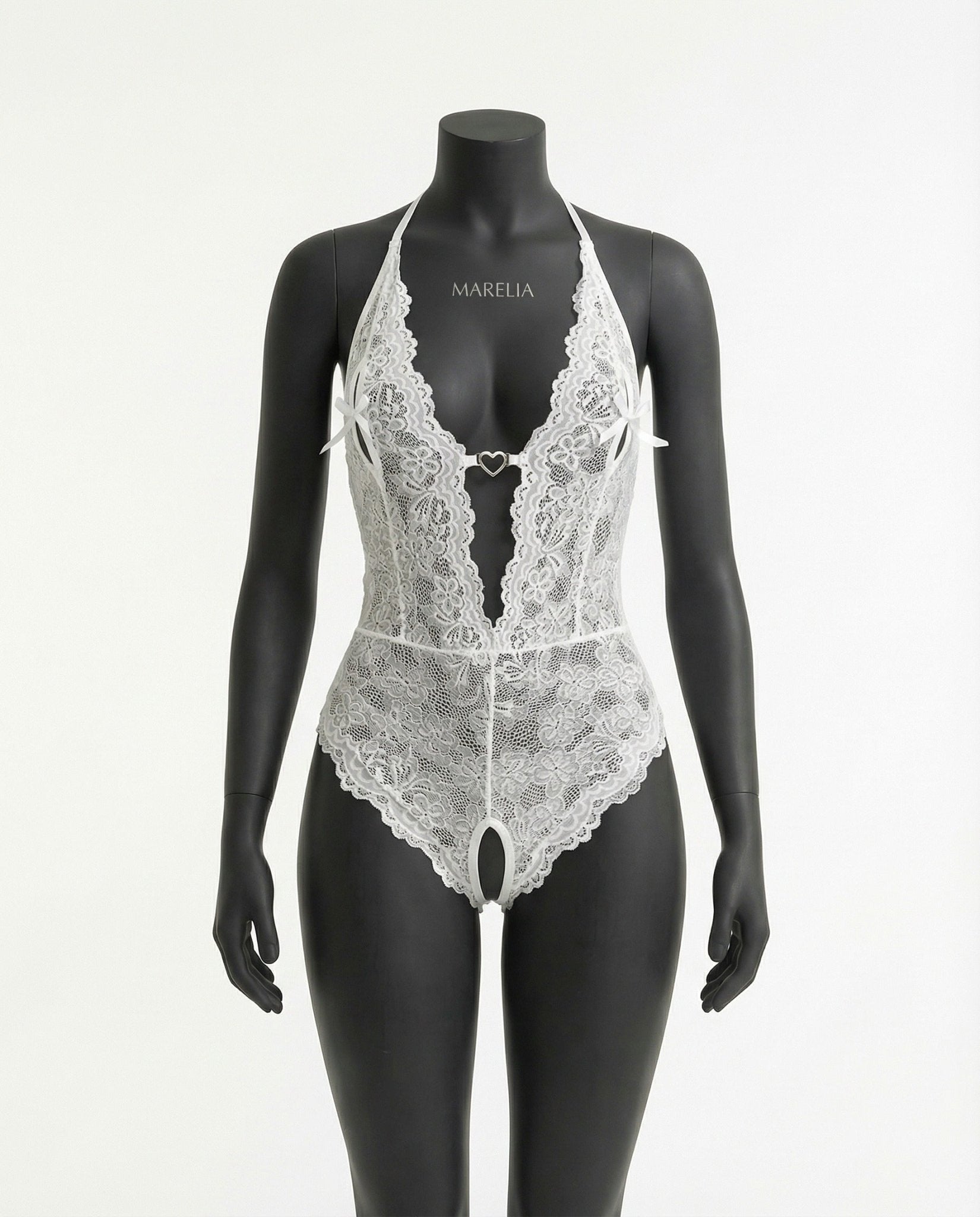 White crotchless halter lace teddy