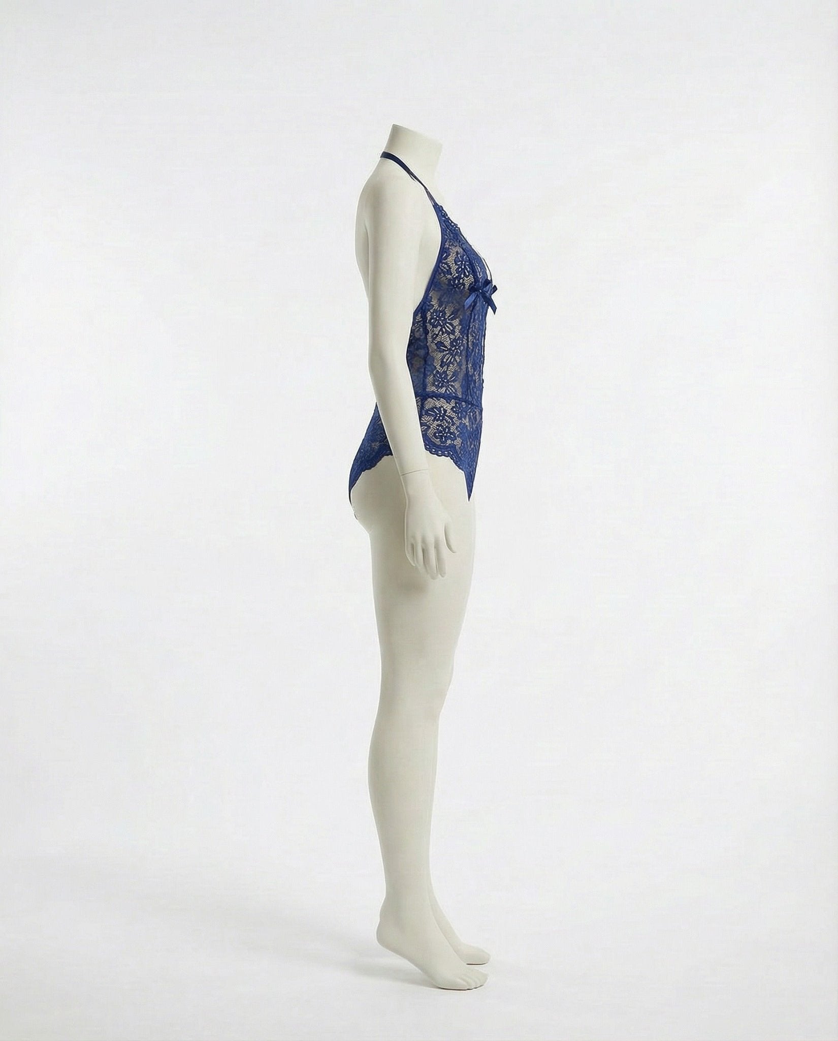 Navy crotchless halter lace teddy