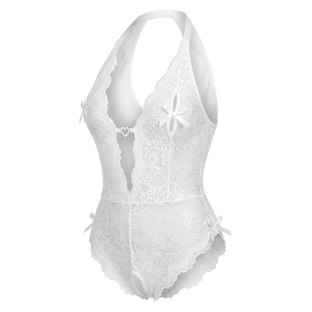 White crotchless halter lace teddy