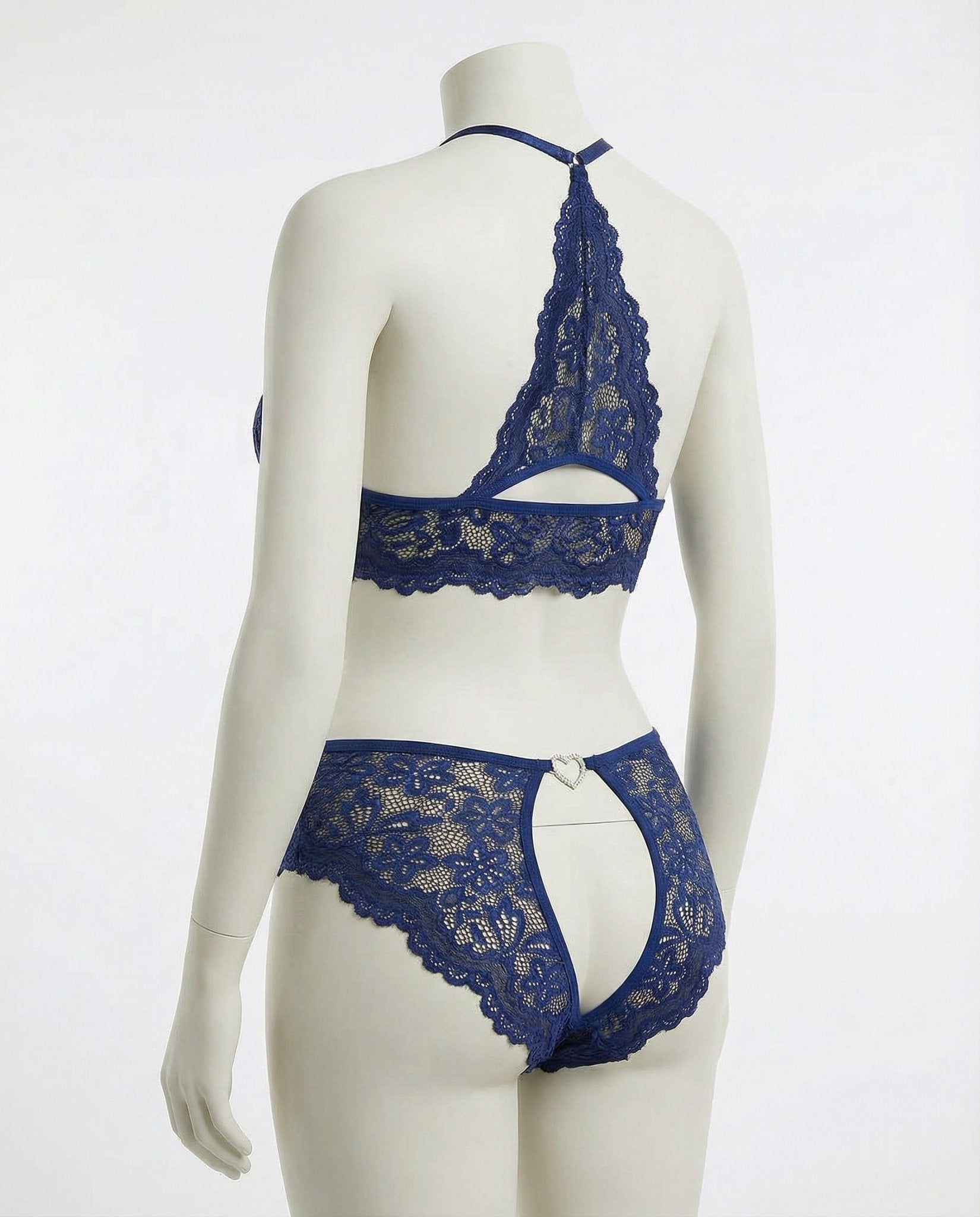 Navy crotchless halter lace teddy
