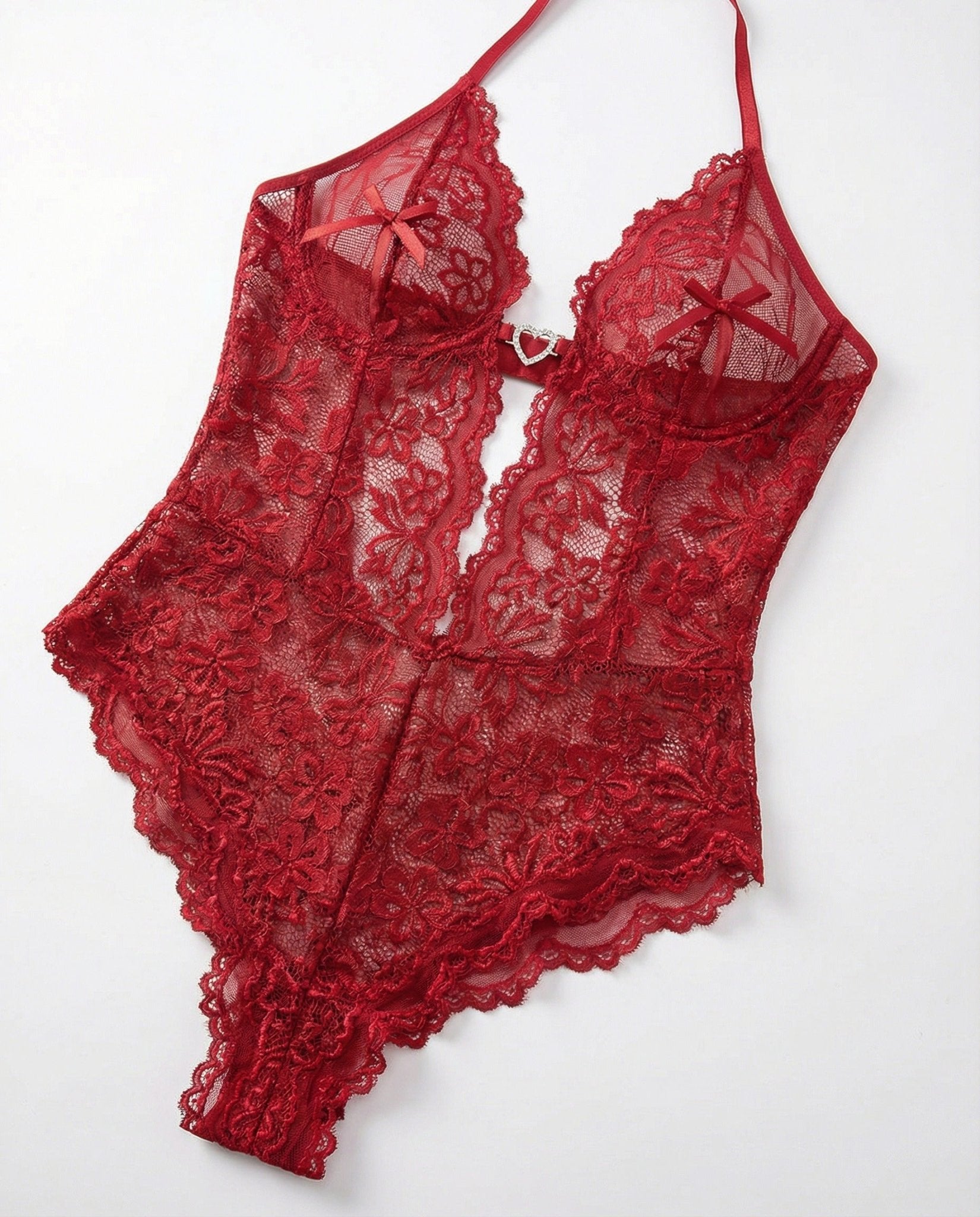 Burgundy crotchless halter lace teddy