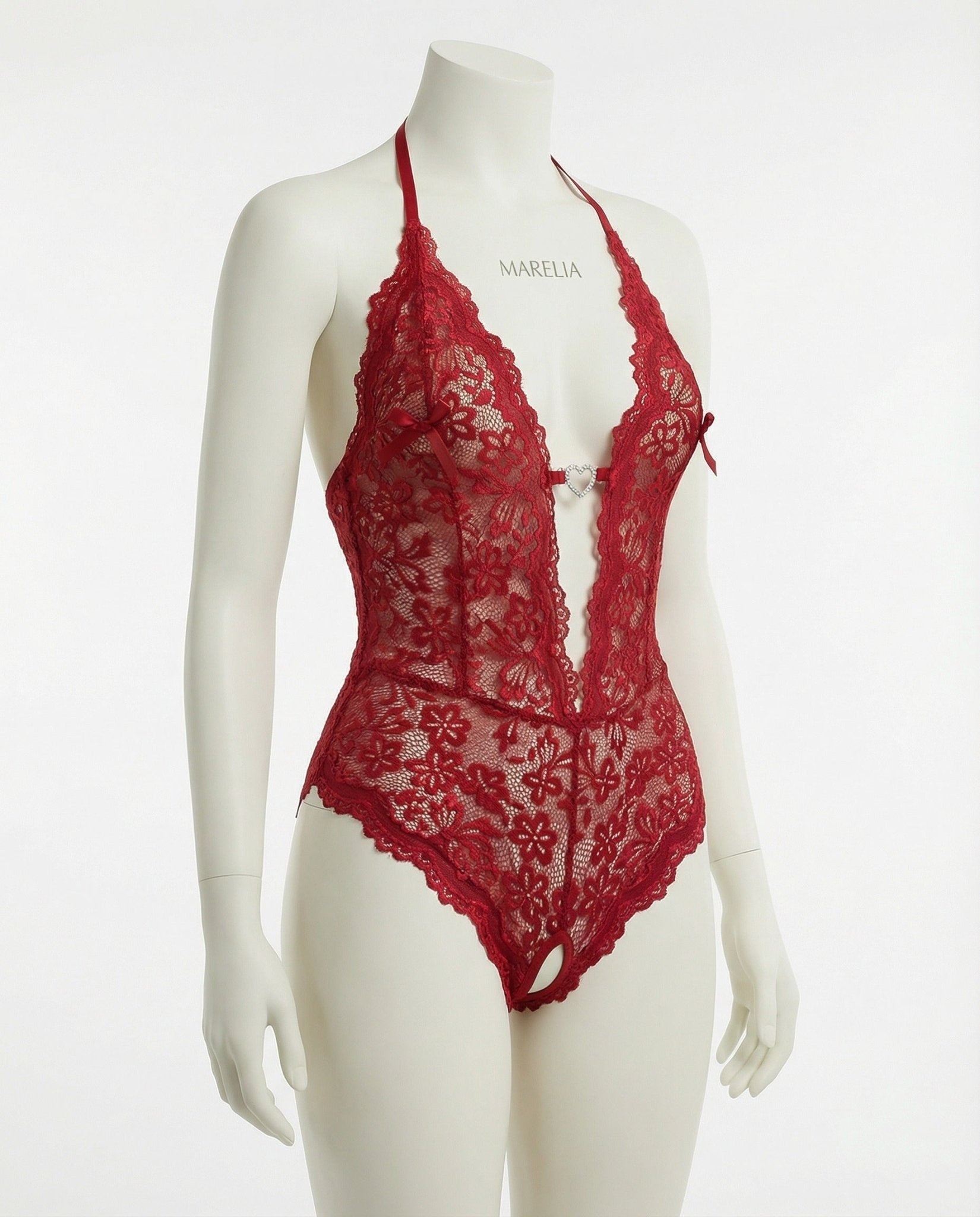 Burgundy crotchless halter lace teddy