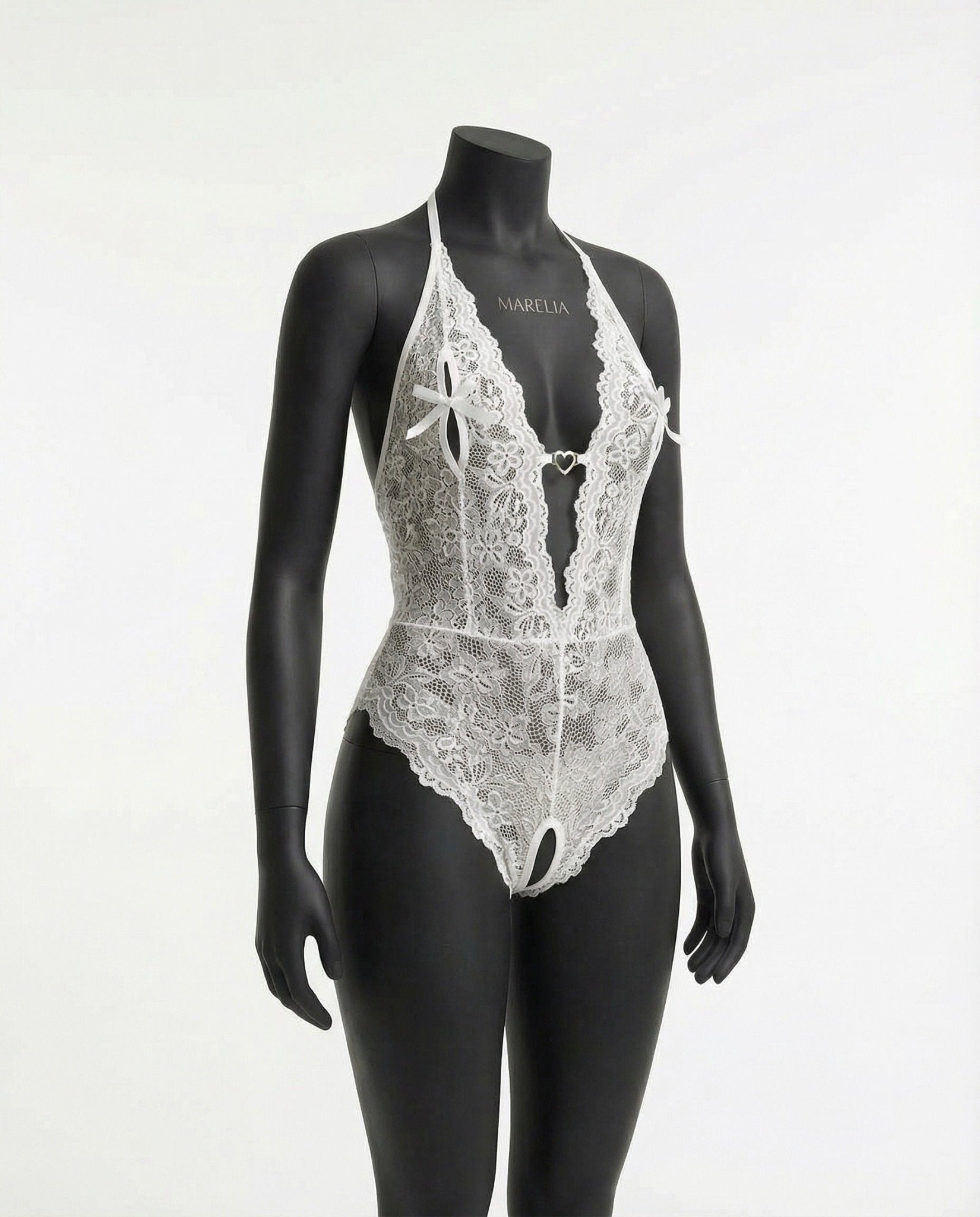 White crotchless halter lace teddy