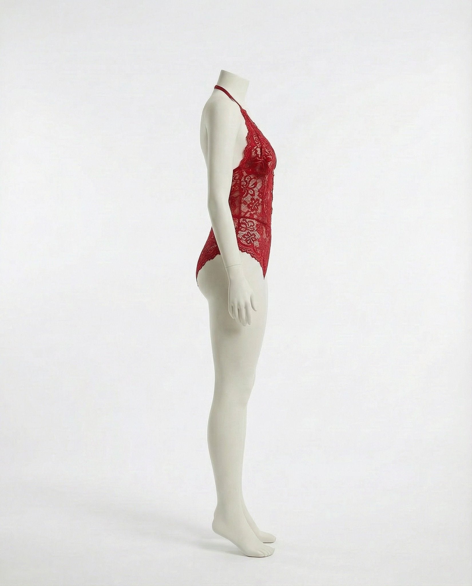 Burgundy crotchless halter lace teddy
