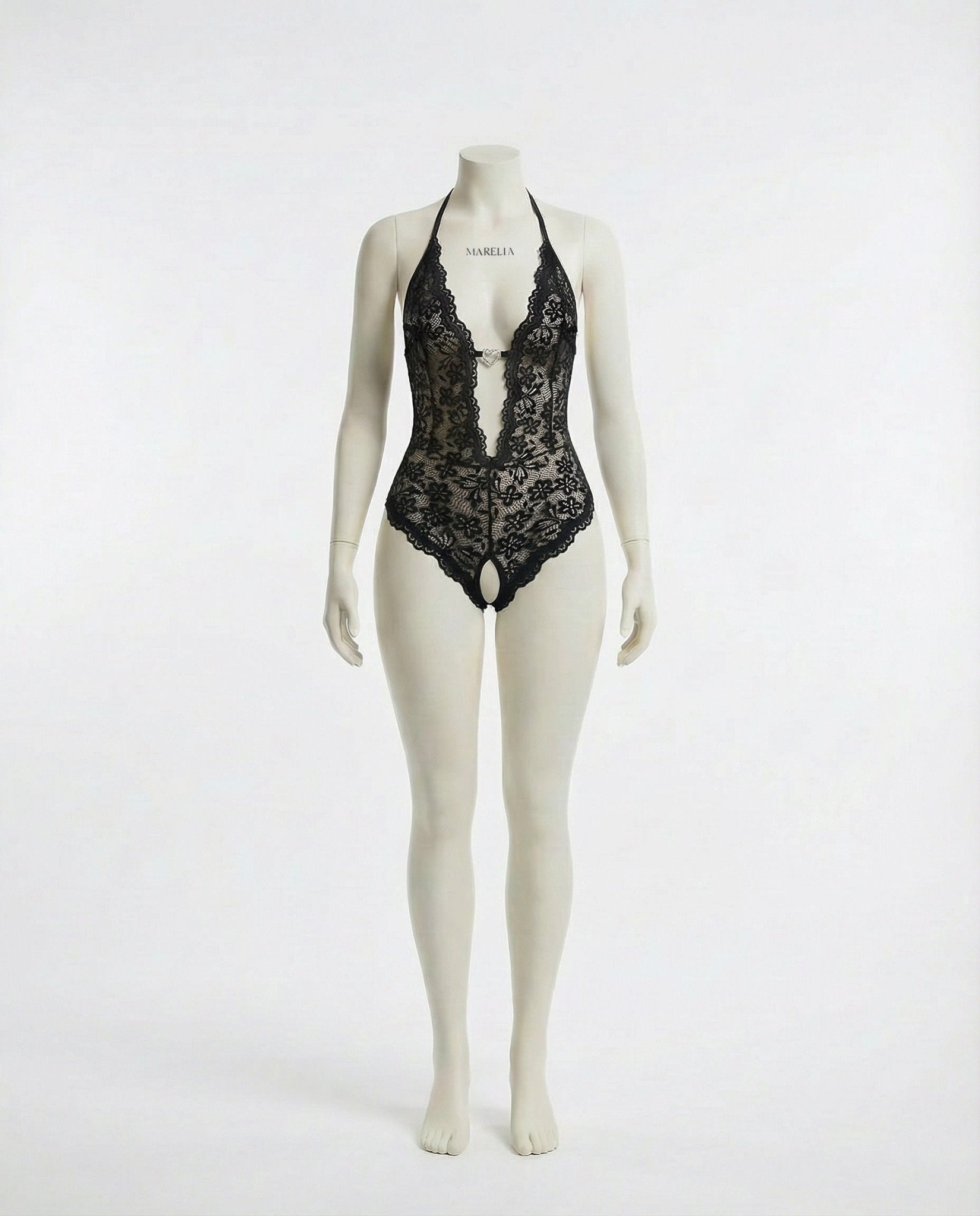Black crotchless halter lace teddy