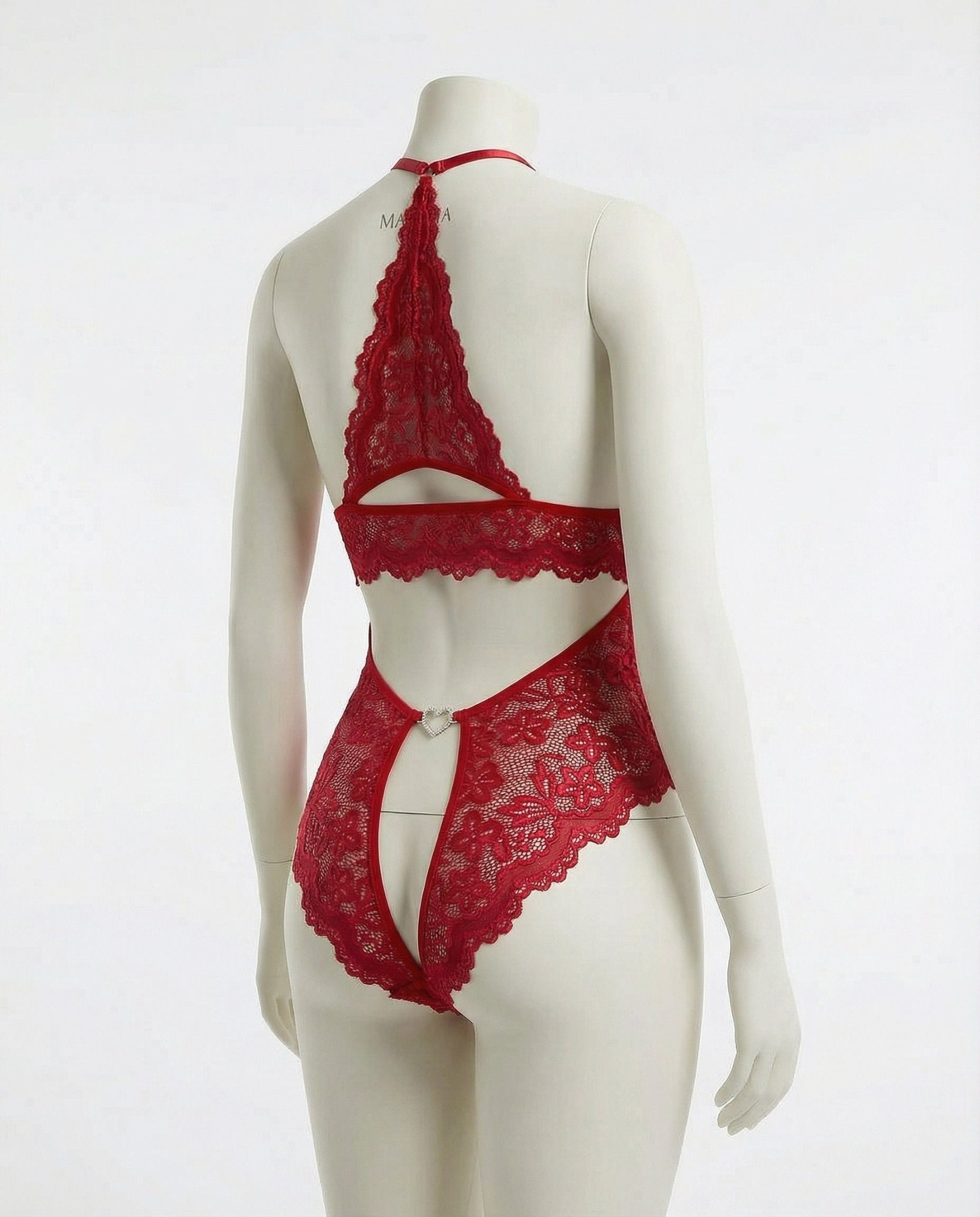 Burgundy crotchless halter lace teddy