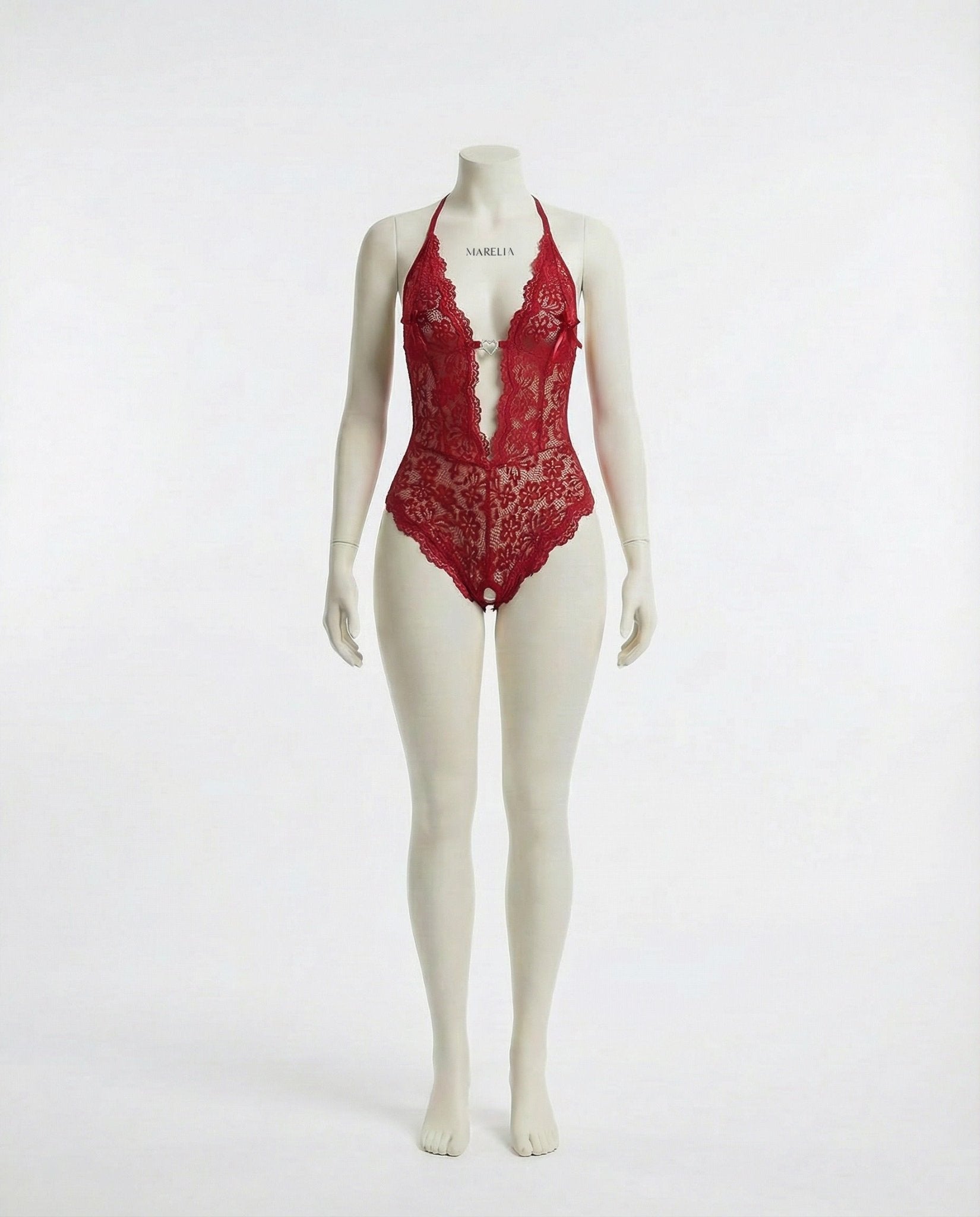 Burgundy crotchless halter lace teddy