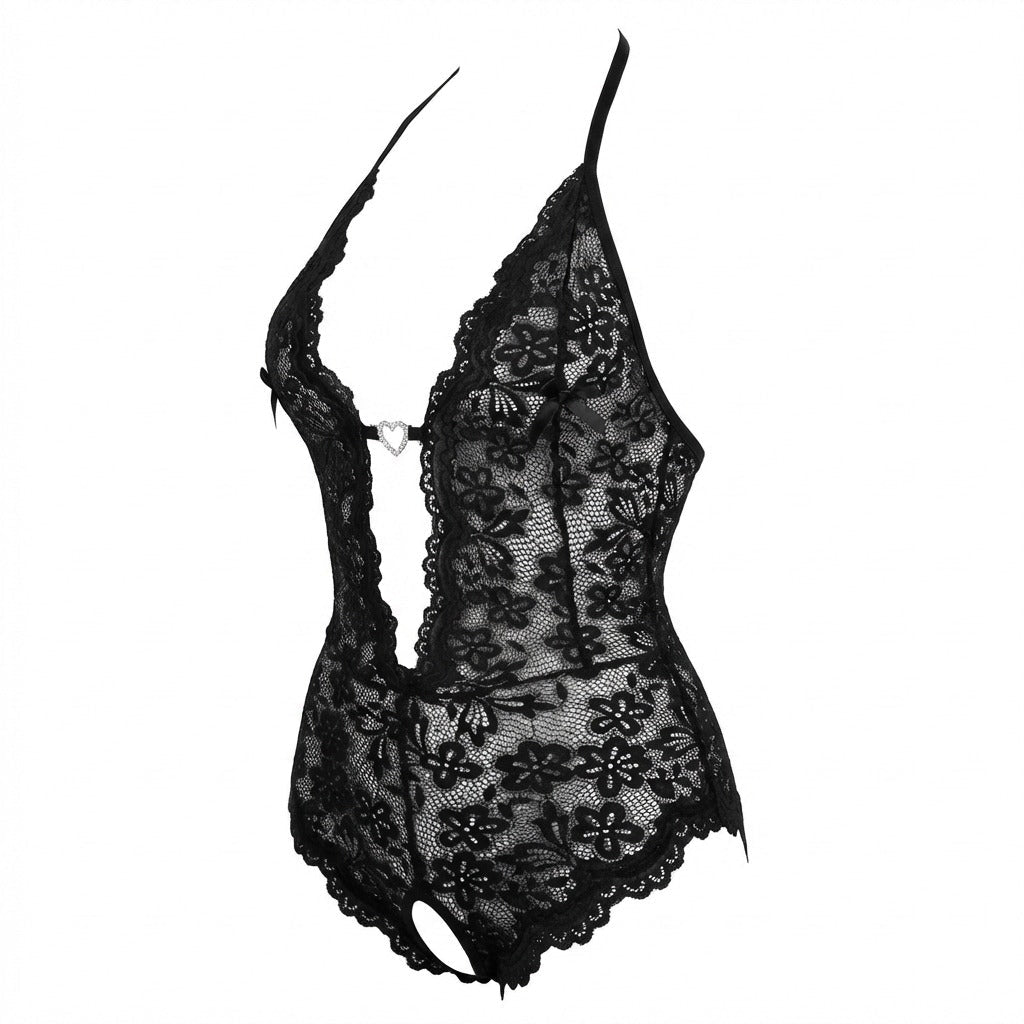 Black crotchless halter lace teddy