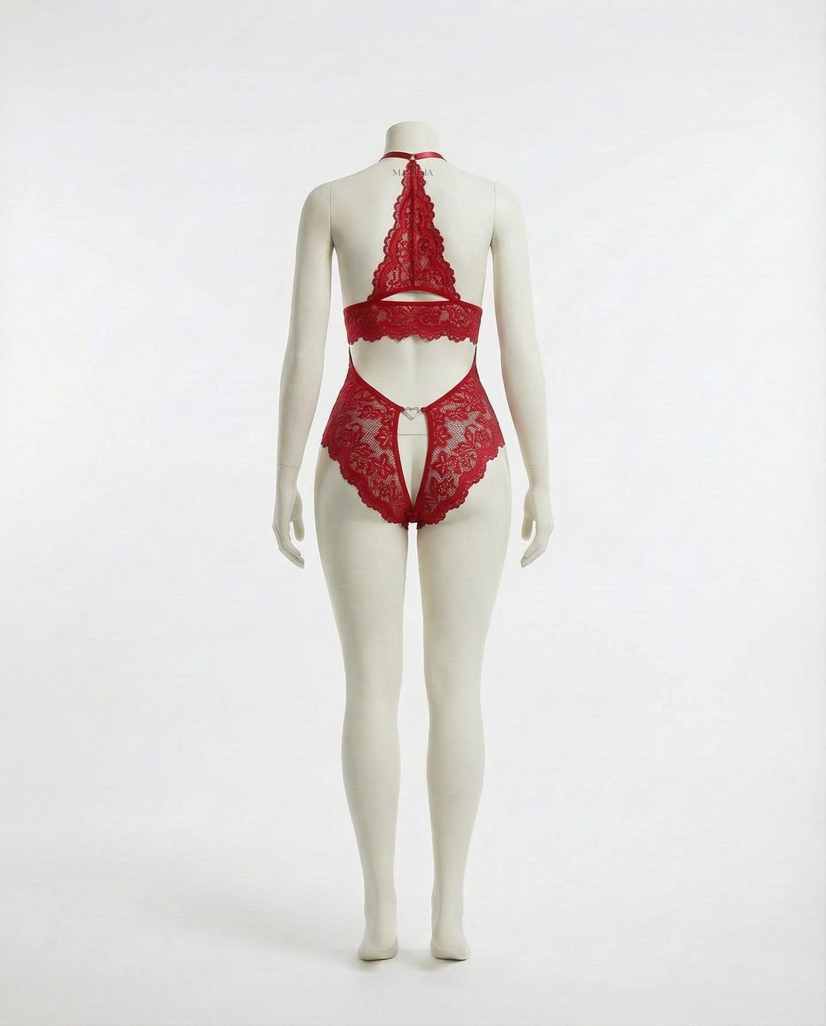 Burgundy crotchless halter lace teddy