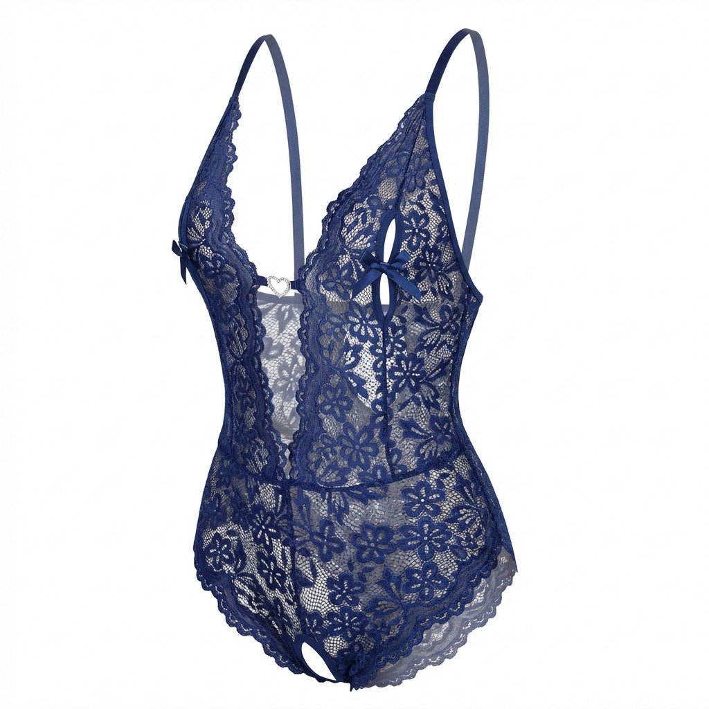 Navy crotchless halter lace teddy