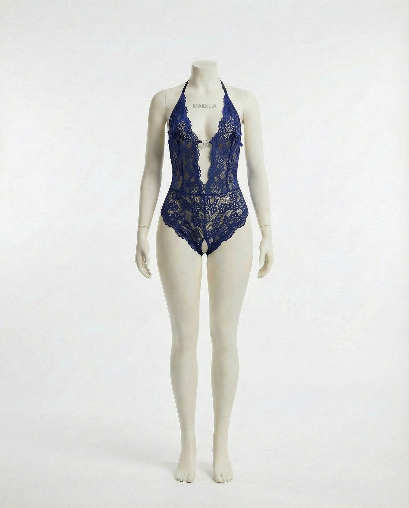 Navy crotchless halter lace teddy