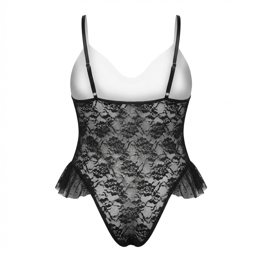 Black crotchless lace teddy with accessories