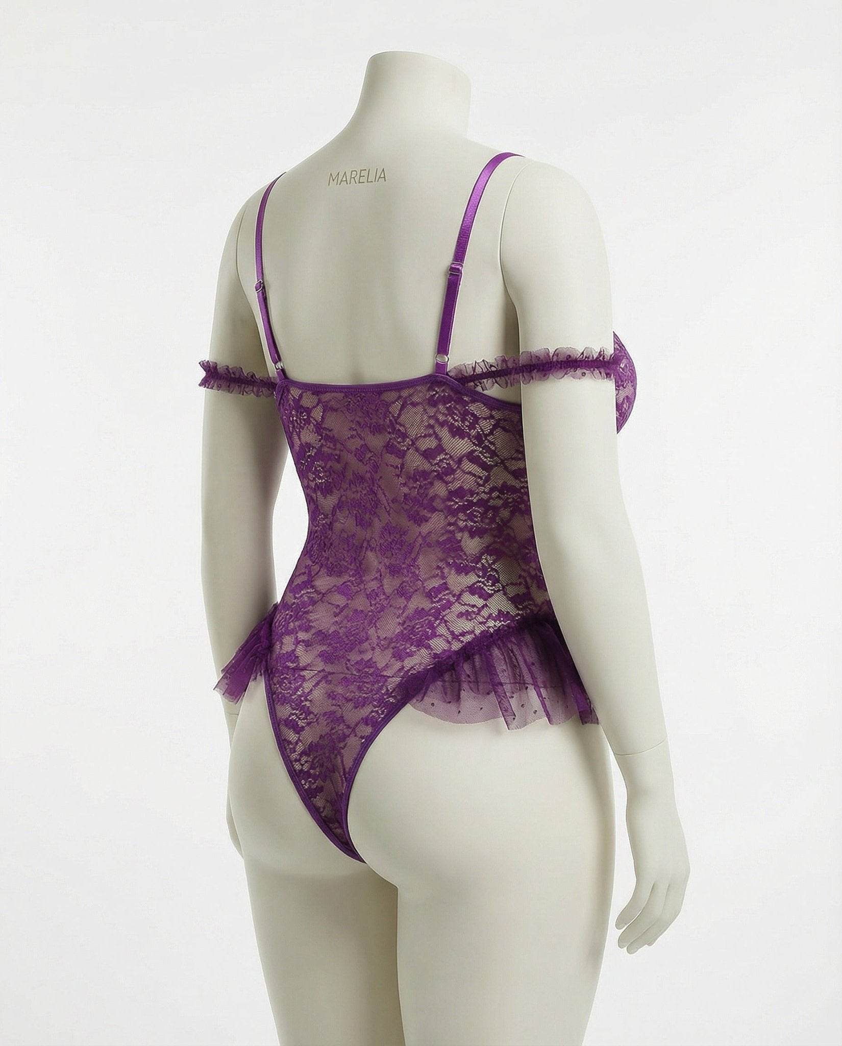Purple crotchless lace teddy with accessories
