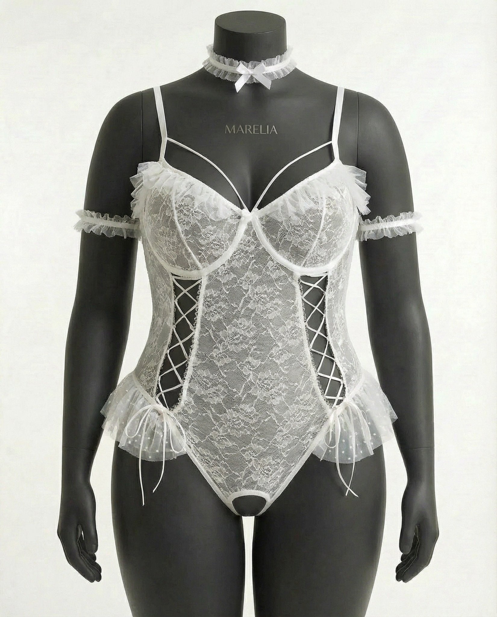 White crotchless lace teddy with accessories