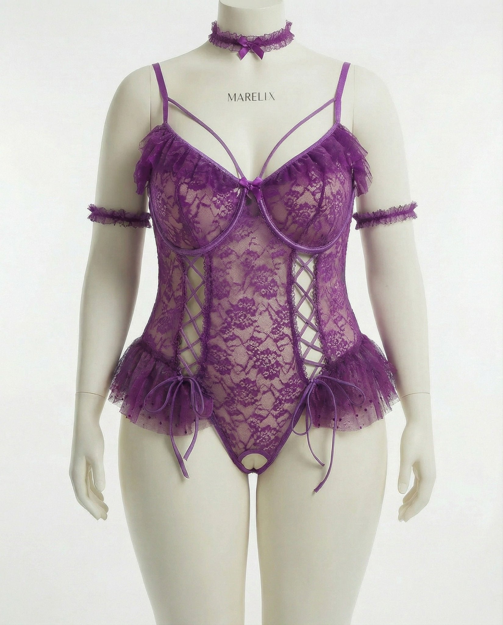 Purple crotchless lace teddy with accessories