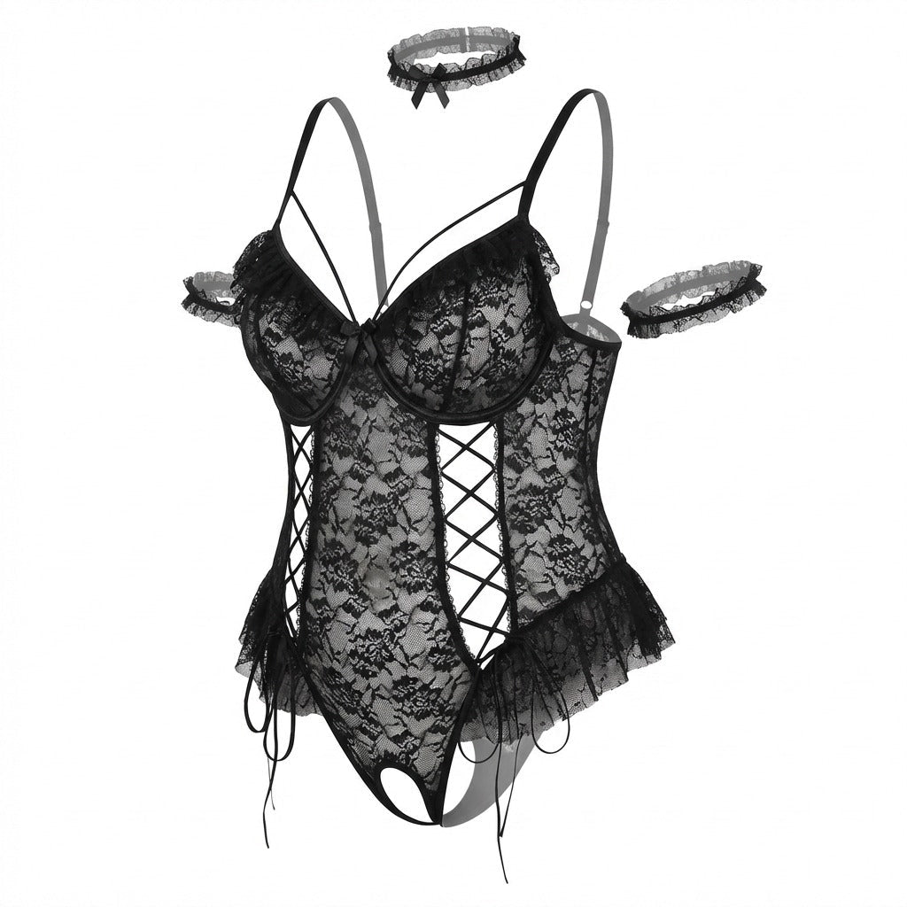 Black crotchless lace teddy with accessories