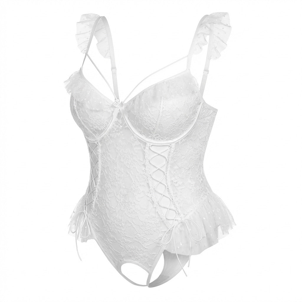 White crotchless lace teddy with accessories