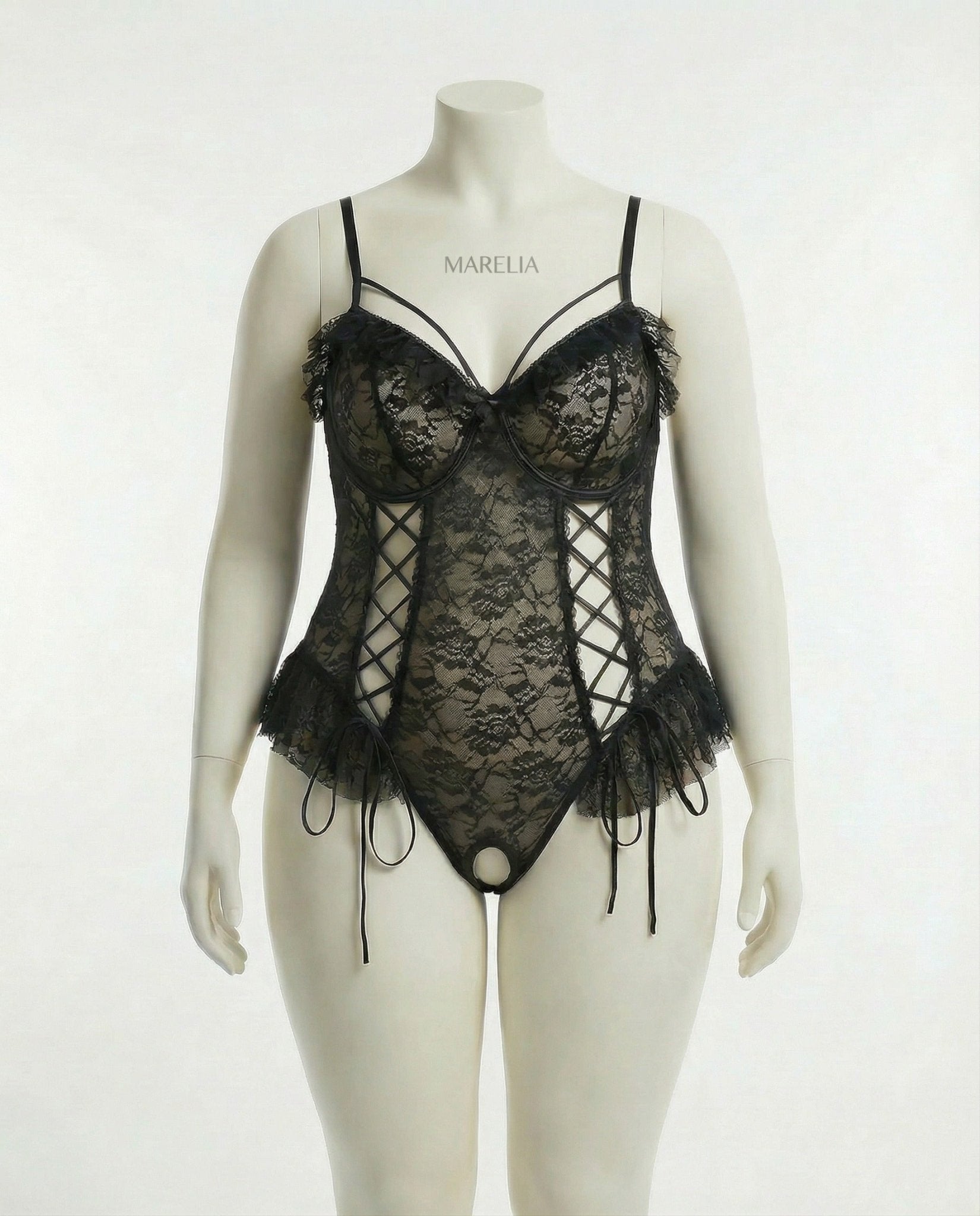 Black crotchless lace teddy with accessories