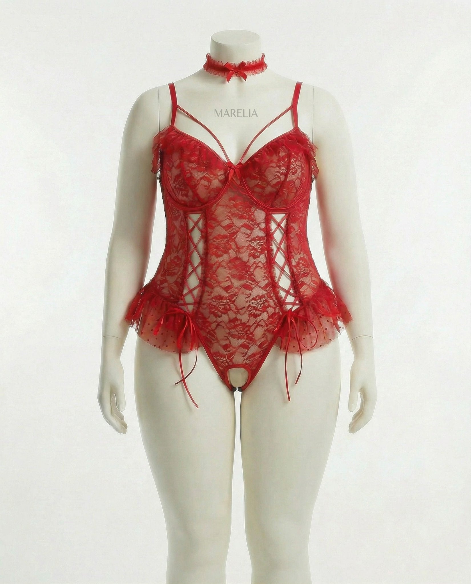 Red crotchless lace teddy with accessories