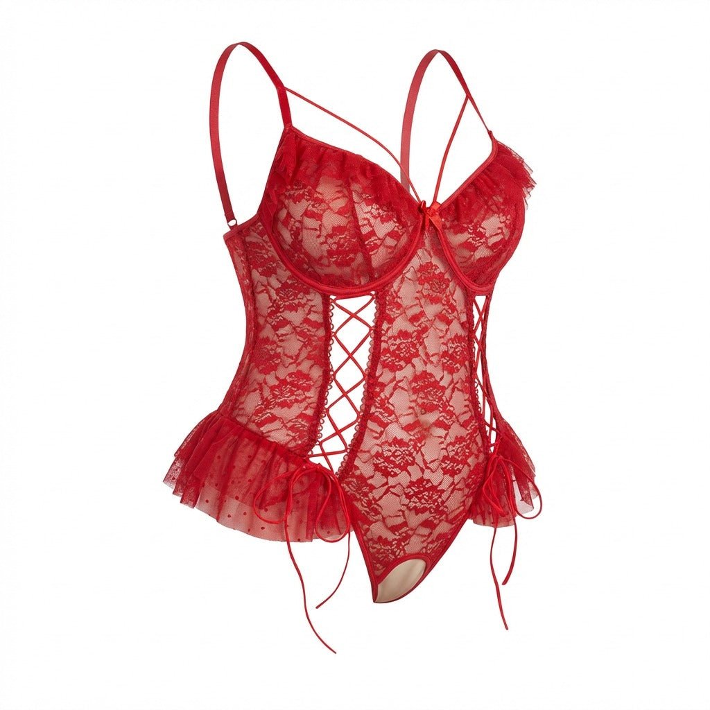 Red crotchless lace teddy with accessories