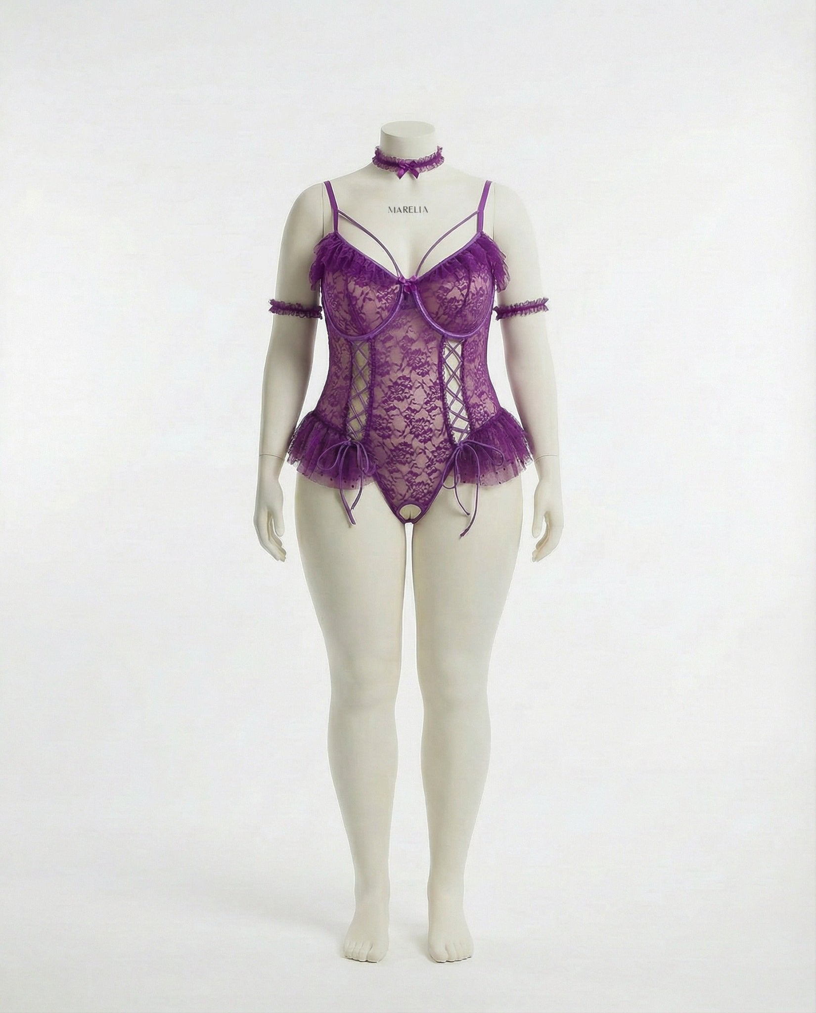 Purple crotchless lace teddy with accessories