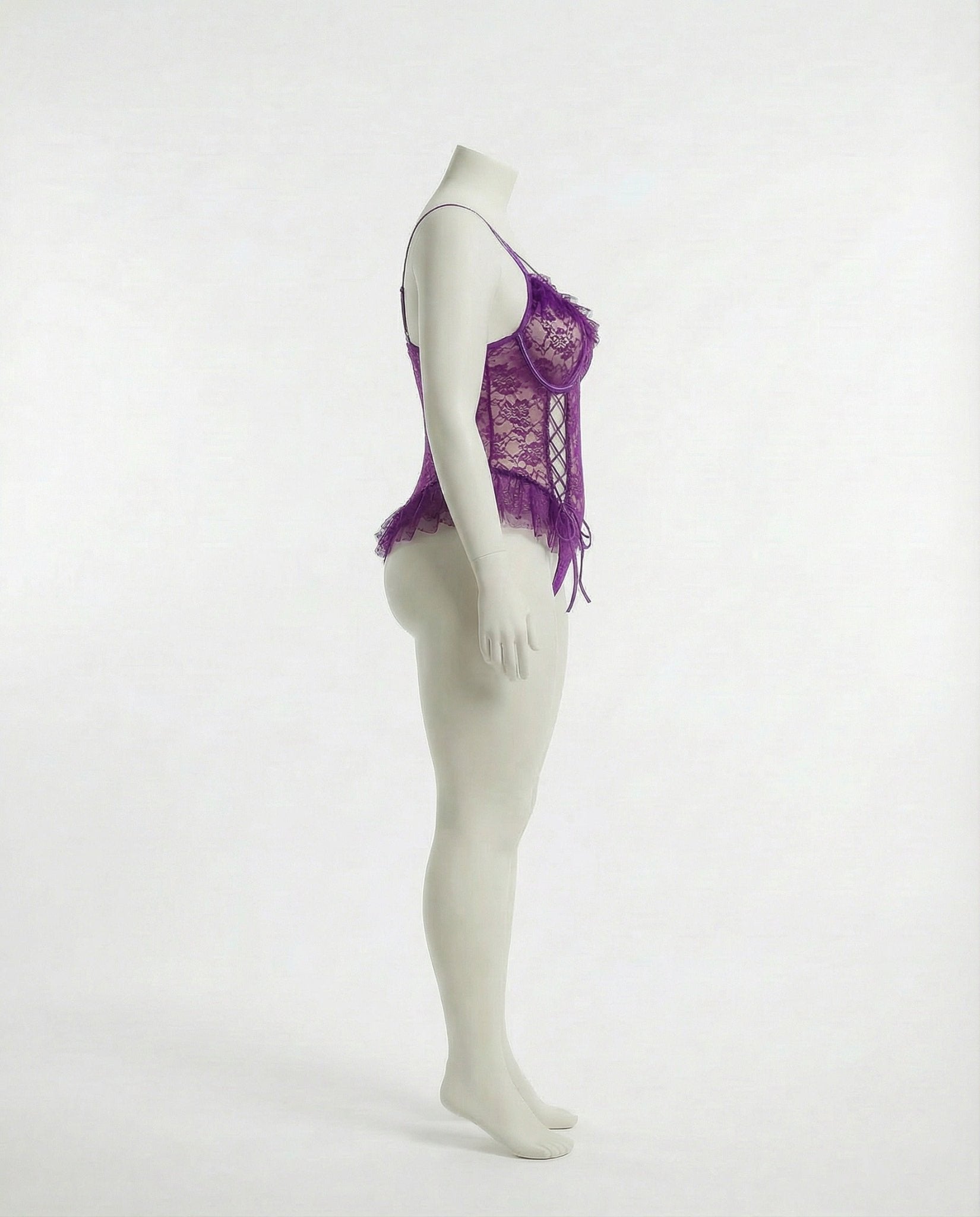 Purple crotchless lace teddy with accessories