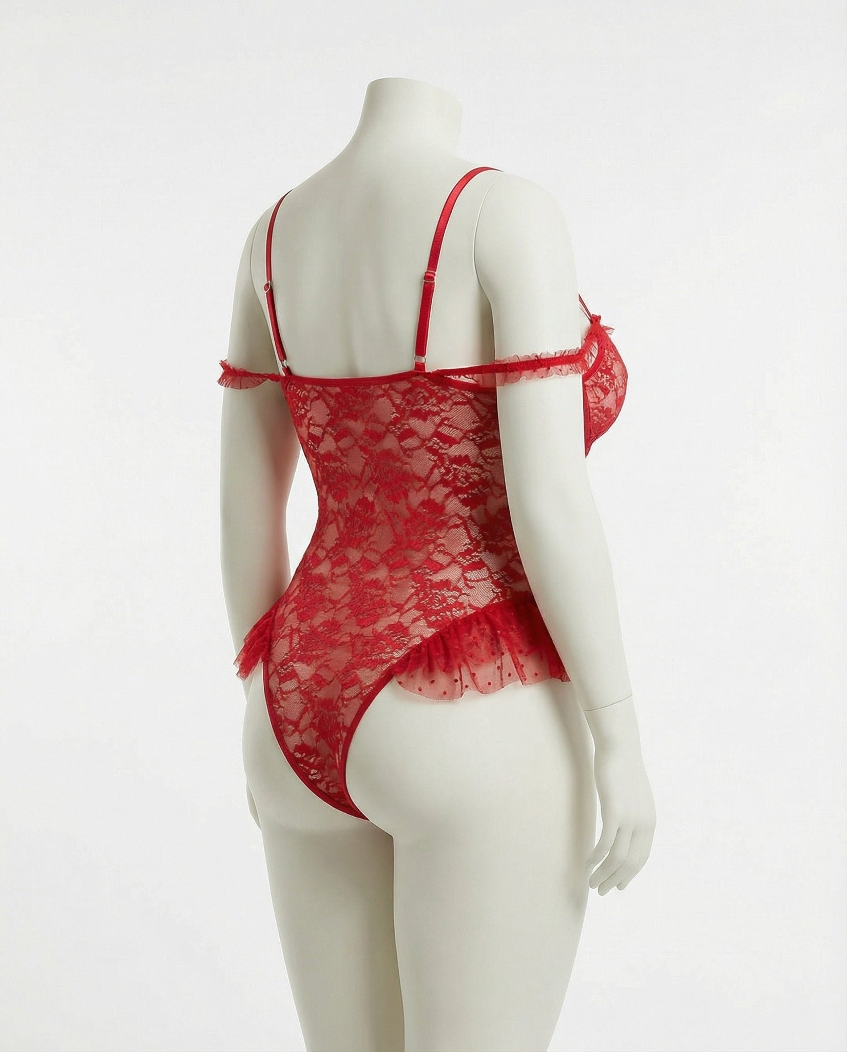 Red crotchless lace teddy with accessories