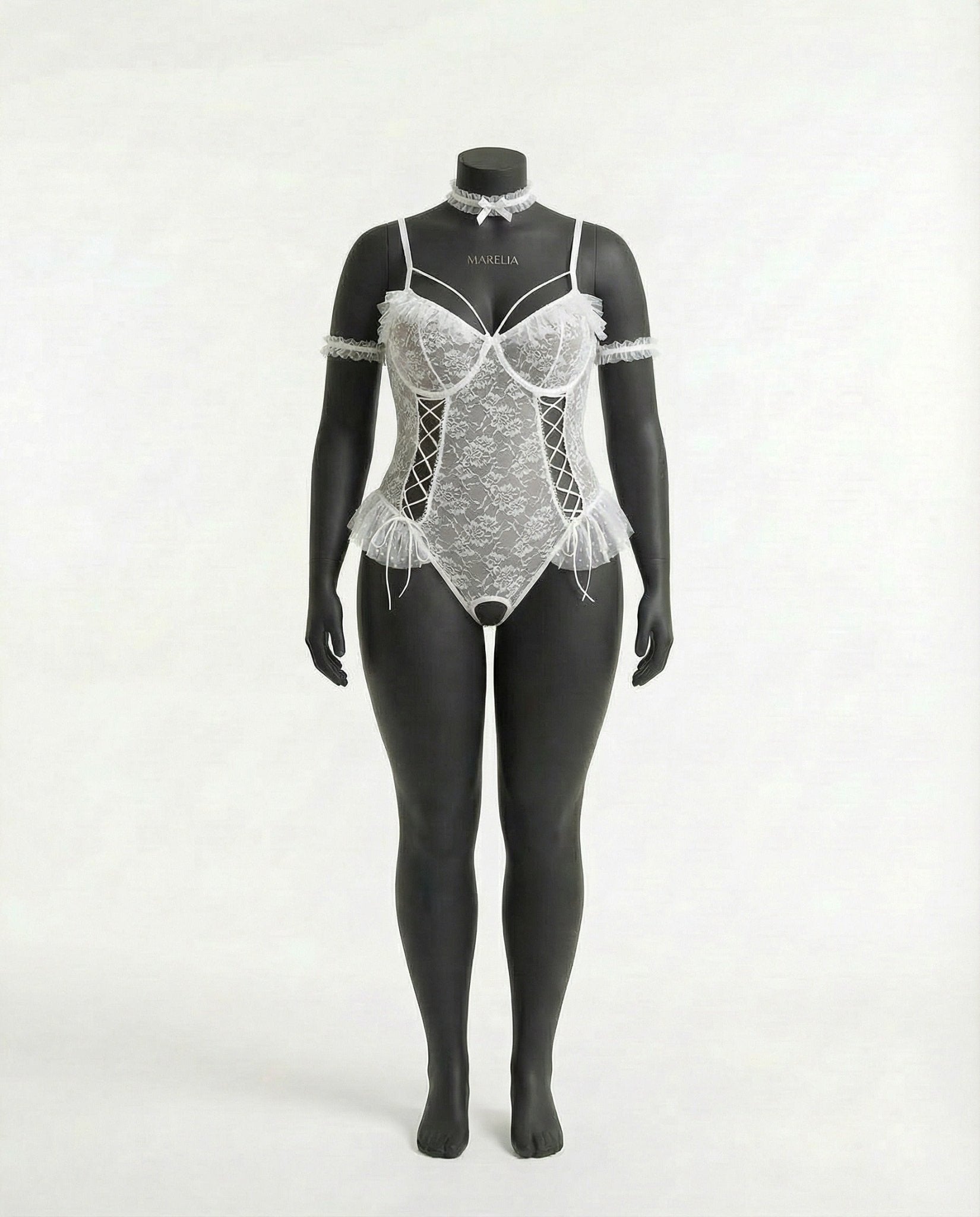White crotchless lace teddy with accessories