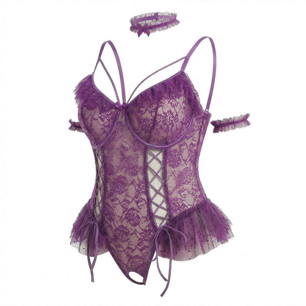 Purple crotchless lace teddy with accessories