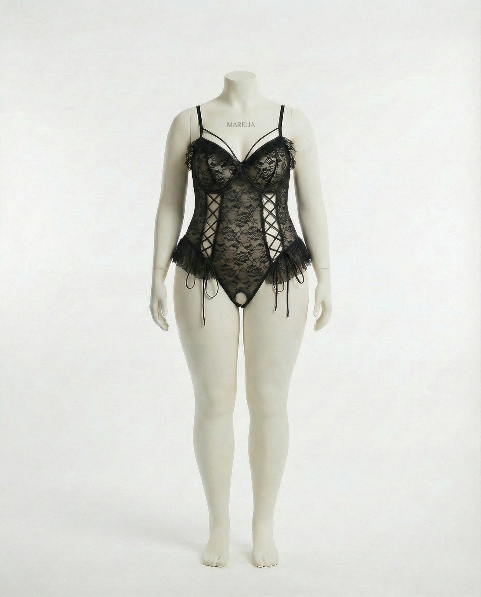 Black crotchless lace teddy with accessories