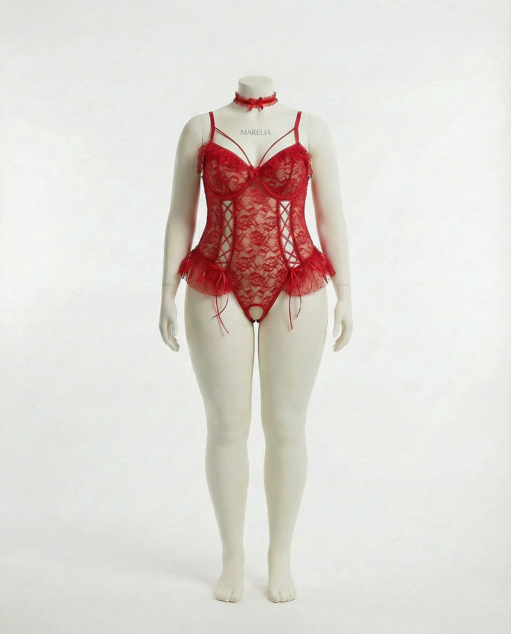 Red crotchless lace teddy with accessories