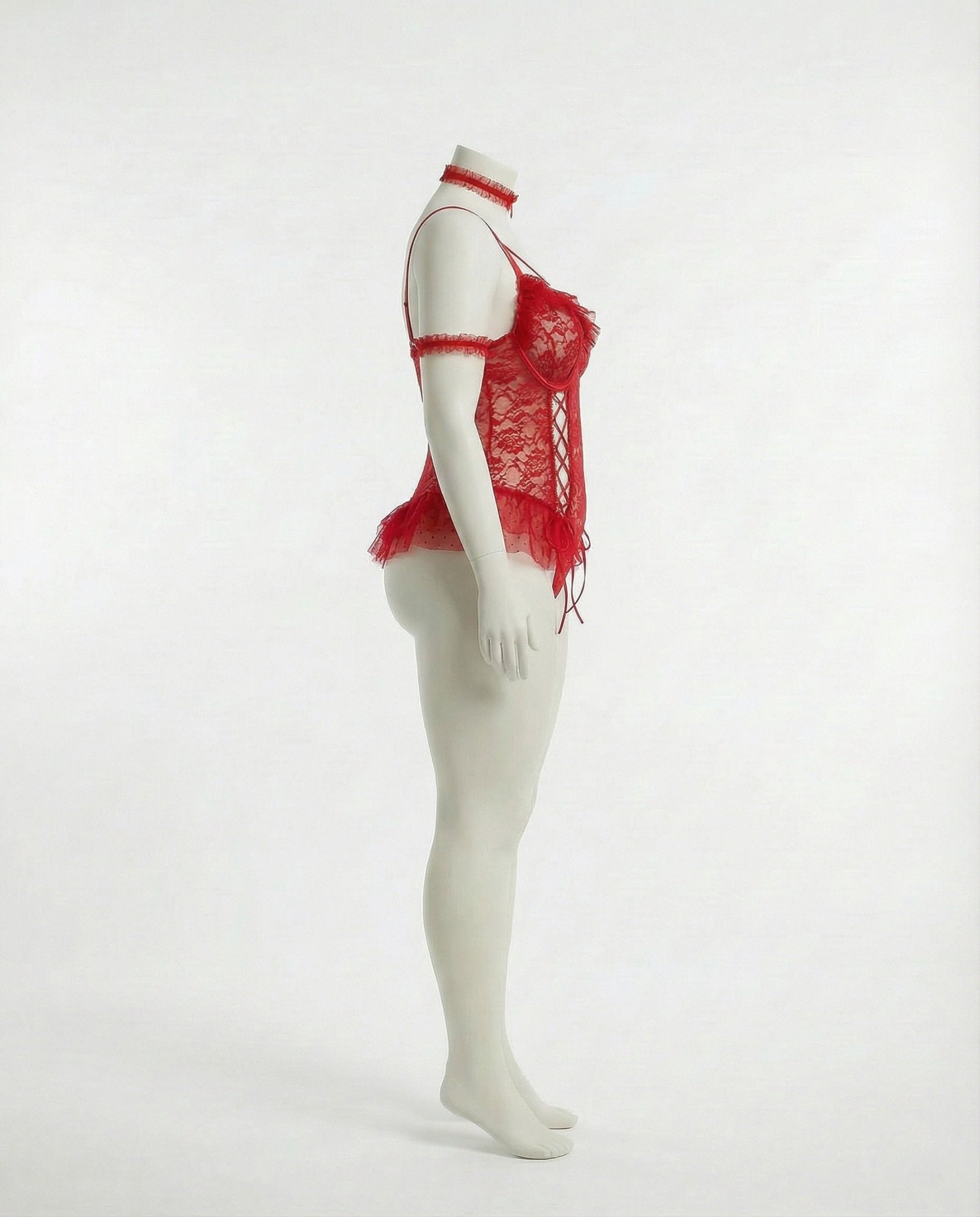 Red crotchless lace teddy with accessories