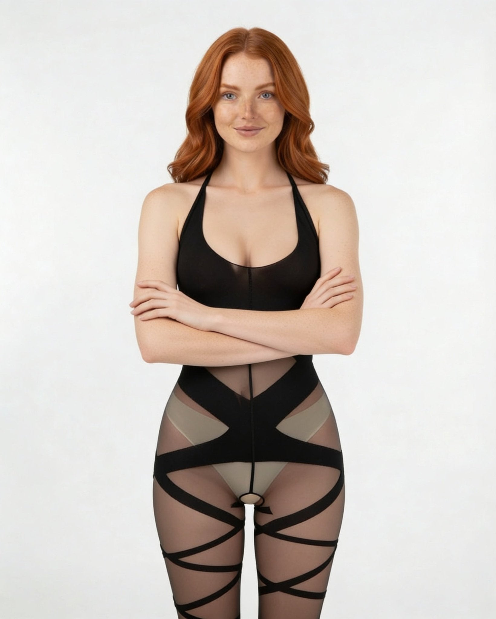 Black Crotchless Mesh Strap Bodystocking - MARELIA