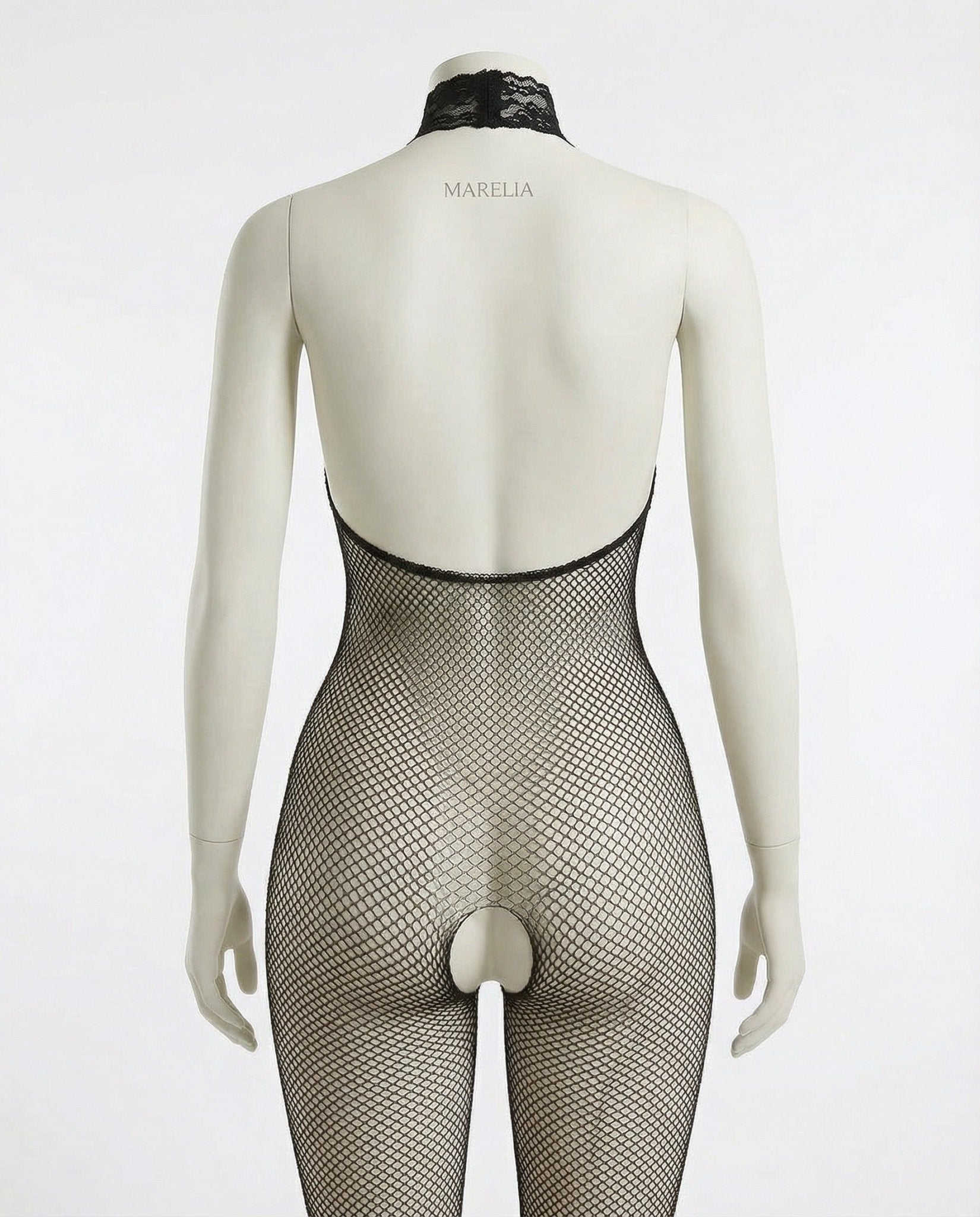 Black crotchless open cup fishnet bodystocking