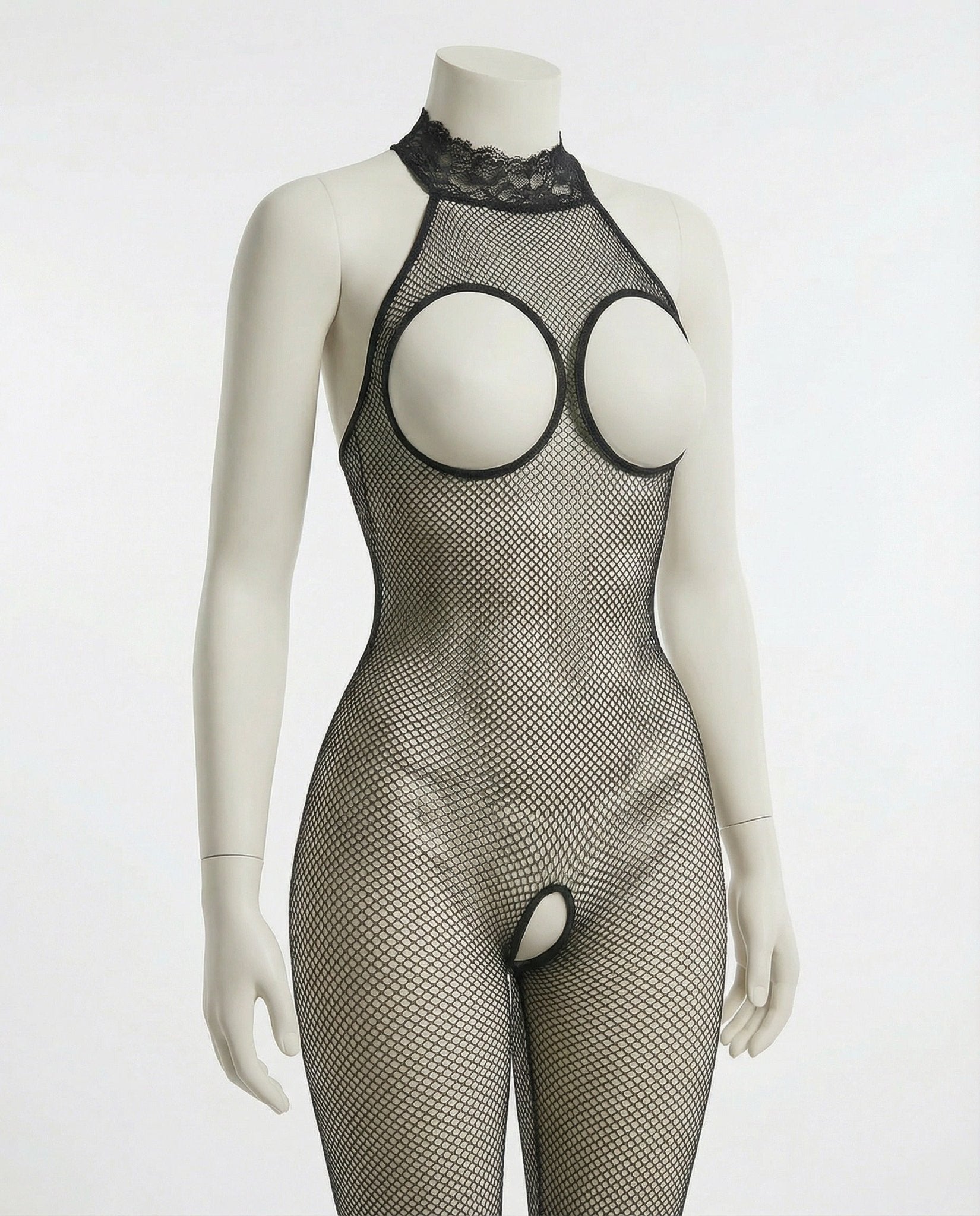 Black crotchless open cup fishnet bodystocking