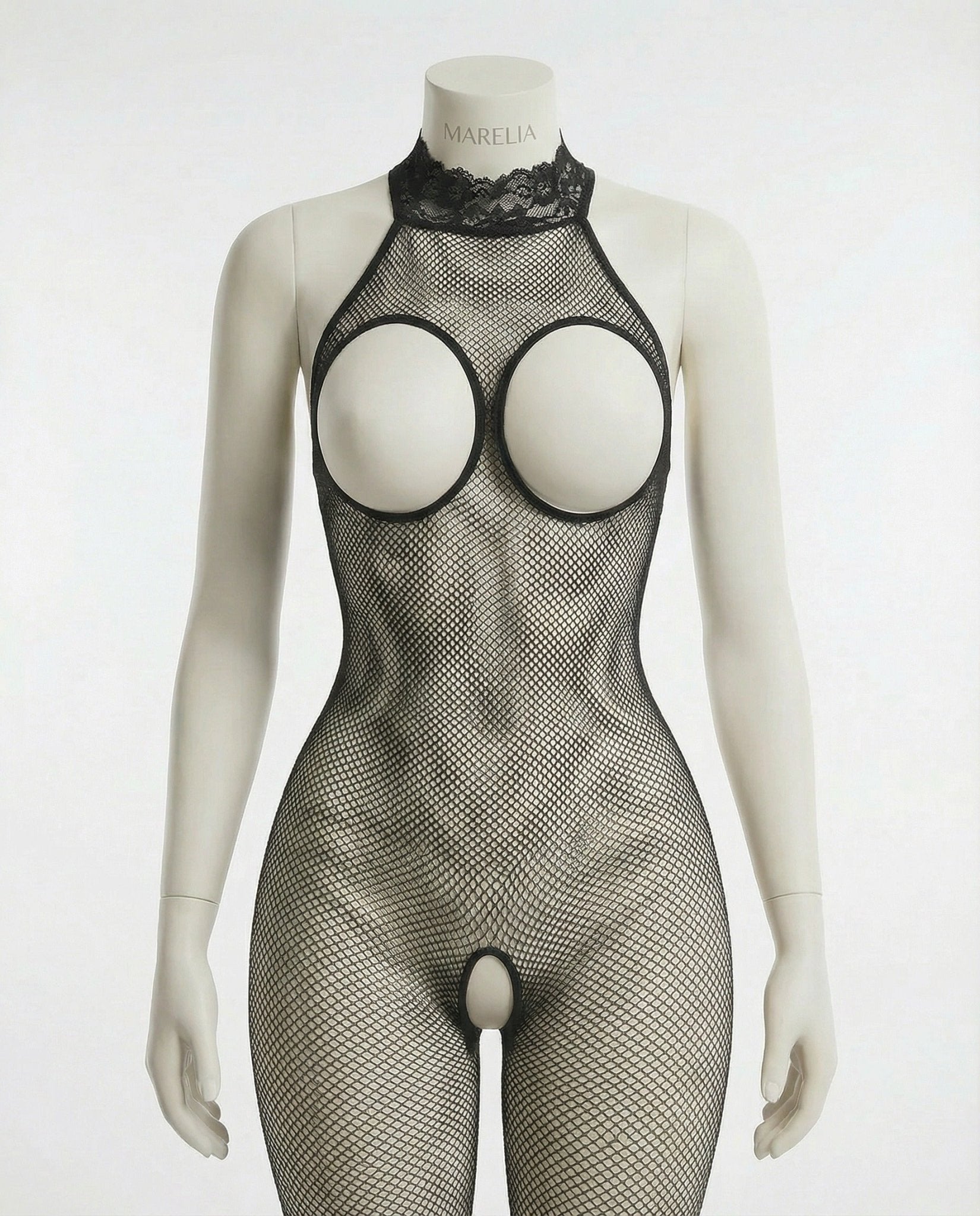 Black crotchless open cup fishnet bodystocking