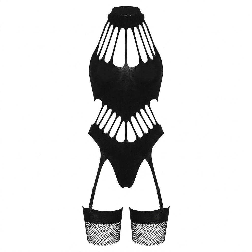 Black Cutout Strappy Crotchless Fishnet Bodystocking - MARELIA