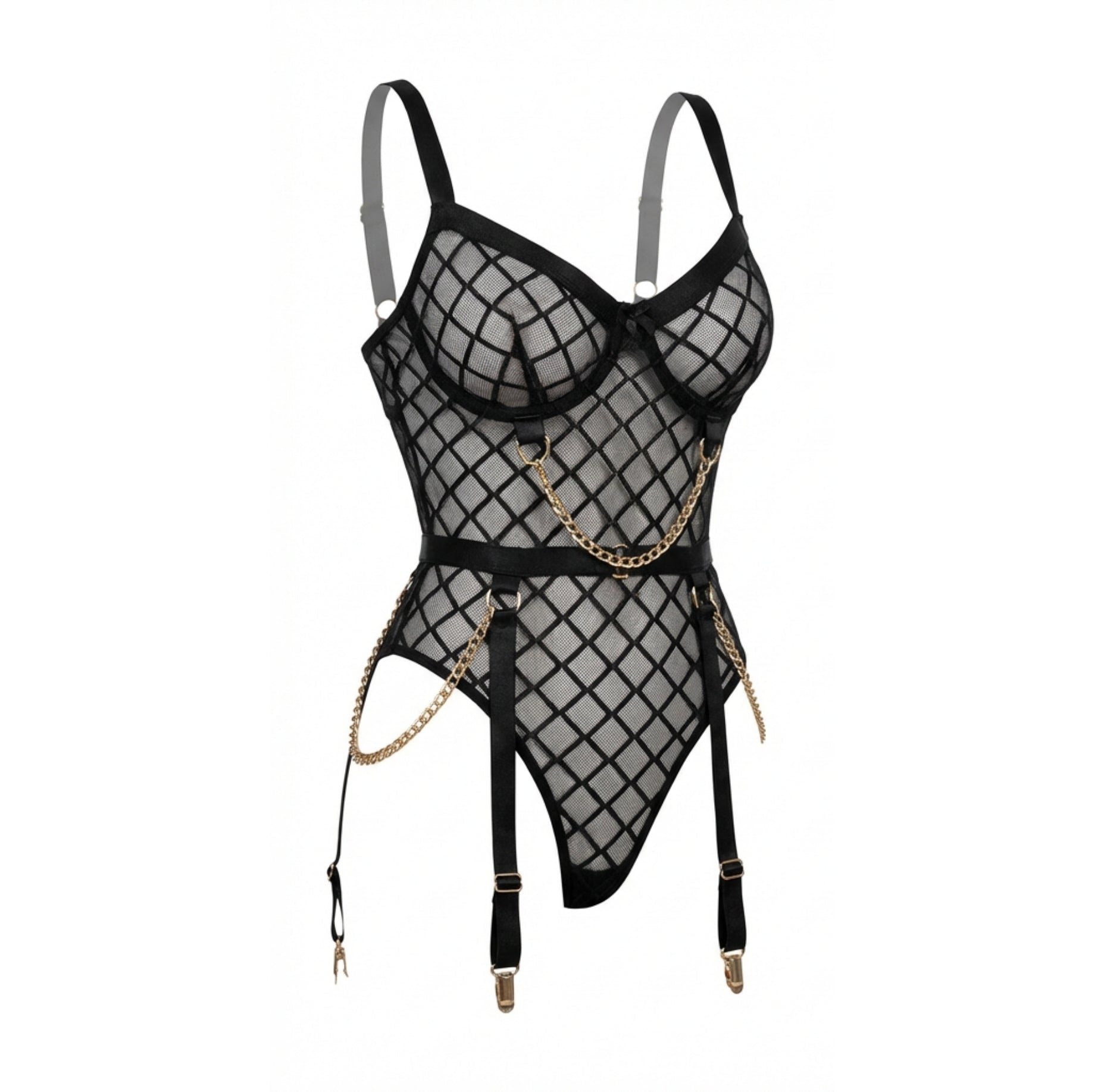 Black Diamond Mesh Underwire Bodysuit With Garter Straps - Marelia