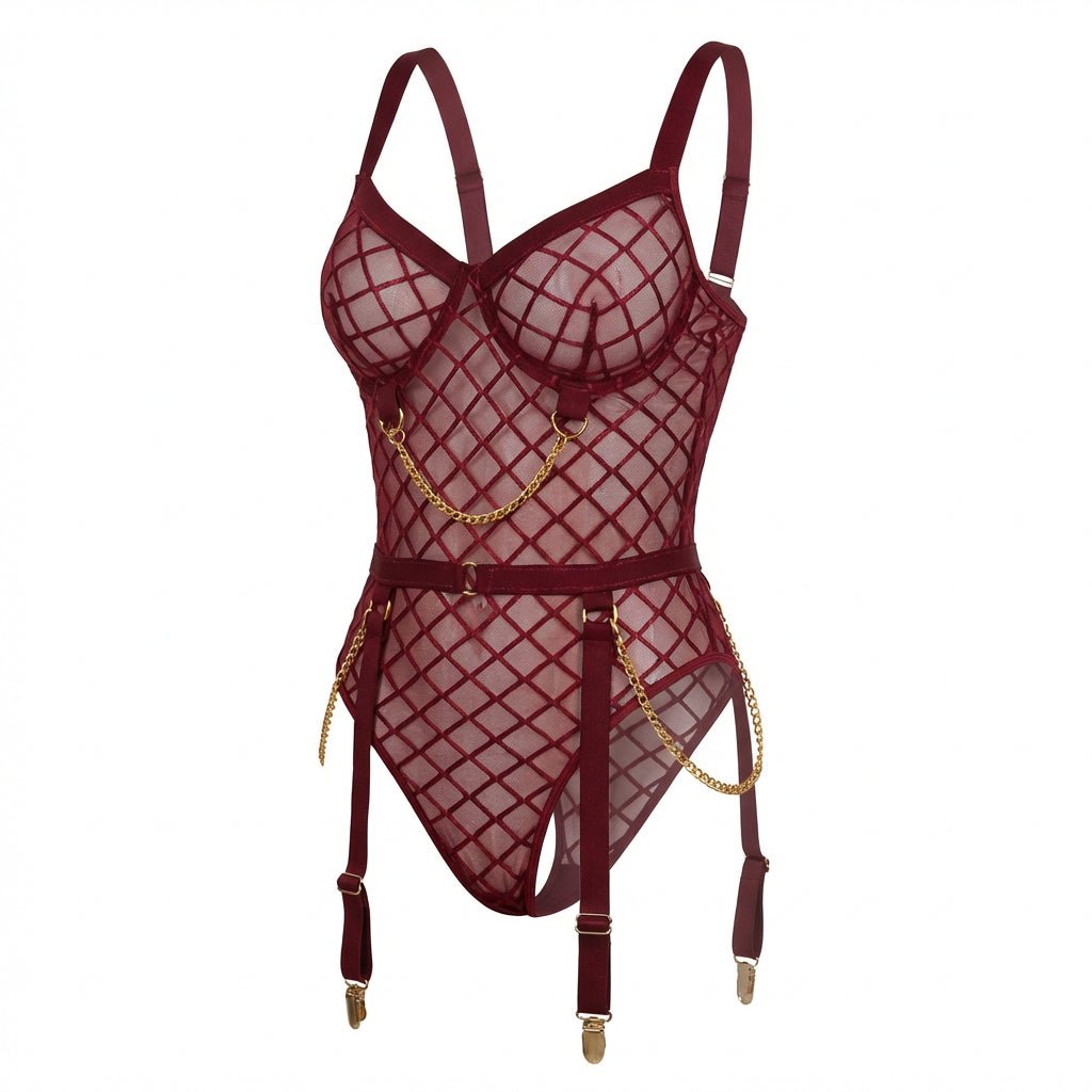 Burgundy Diamond Mesh Underwire Bodysuit With Garter Straps - Marelia