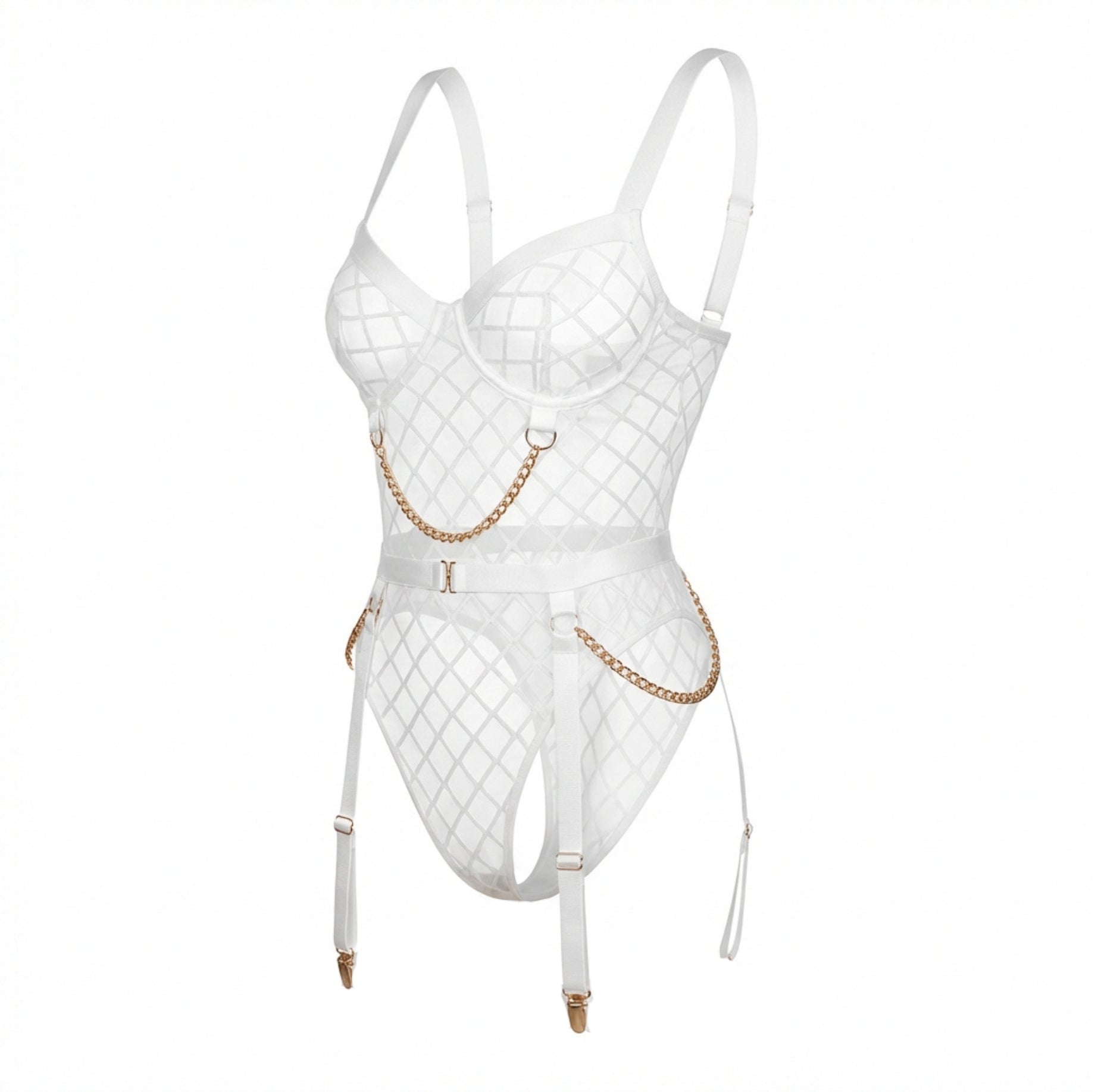 White Diamond Mesh Underwire Bodysuit With Garter Straps - Marelia