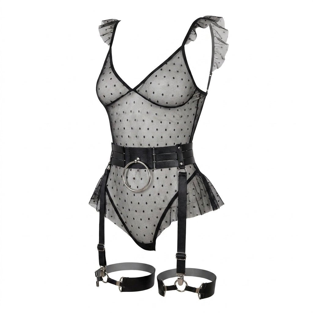 Black Dotted Mesh Bodysuit With Garter Belt Set - MARELIA