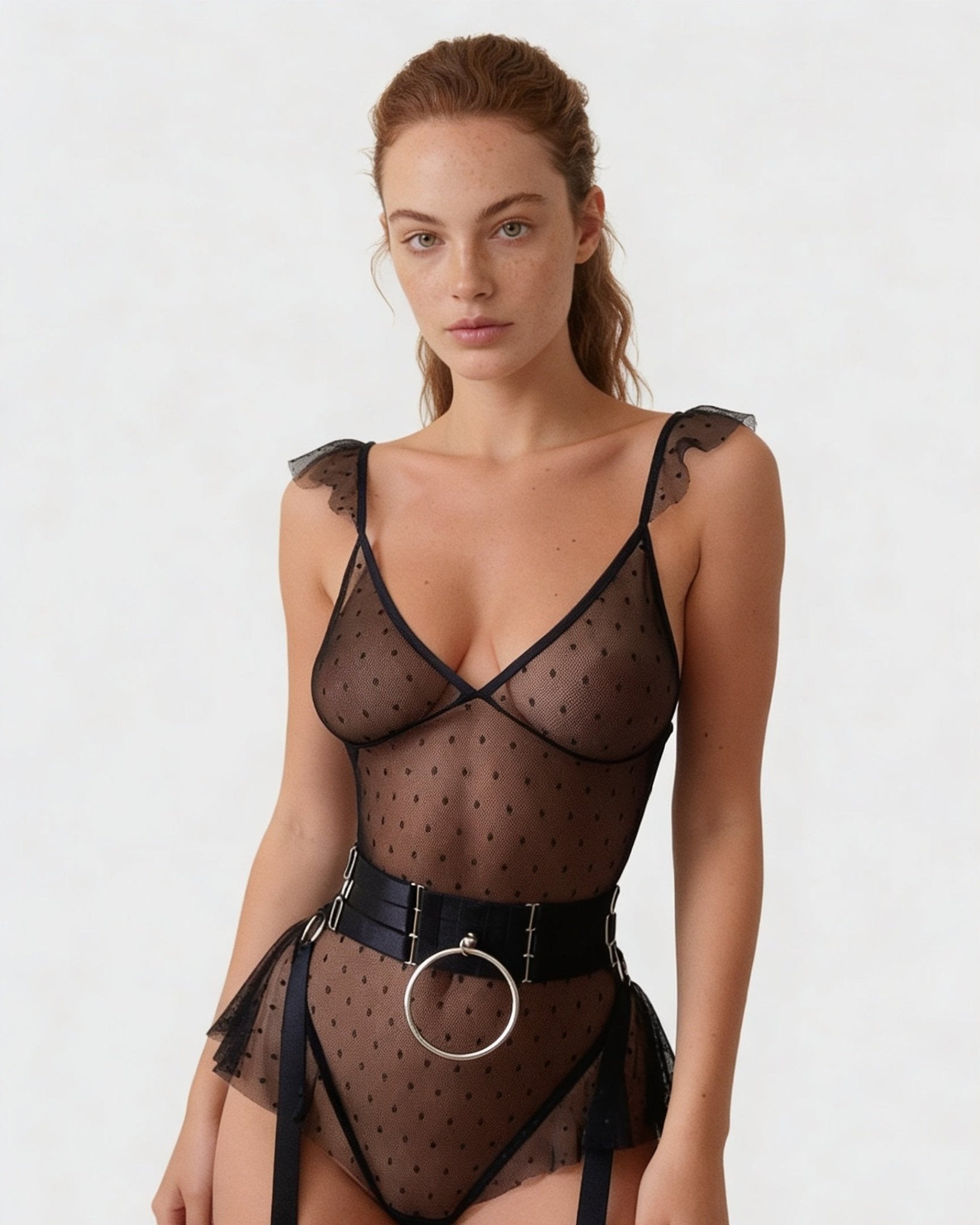 Black Dotted Mesh Bodysuit With Garter Belt Set - MARELIA