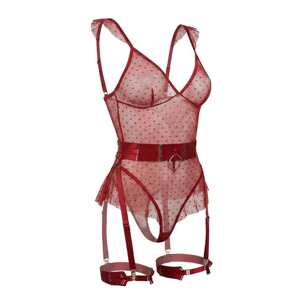 Burgundy Dotted Mesh Bodysuit With Garter Belt Set - MARELIA