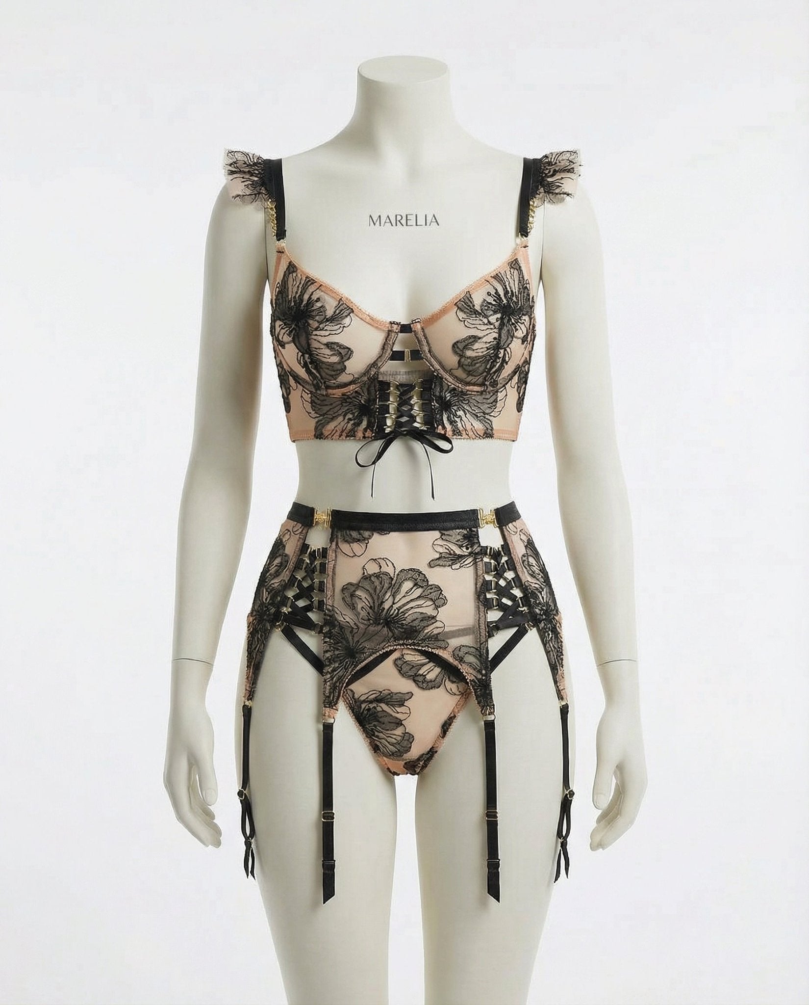 Black Embroidered Bra Suspender Belt And G-String Set - Marelia