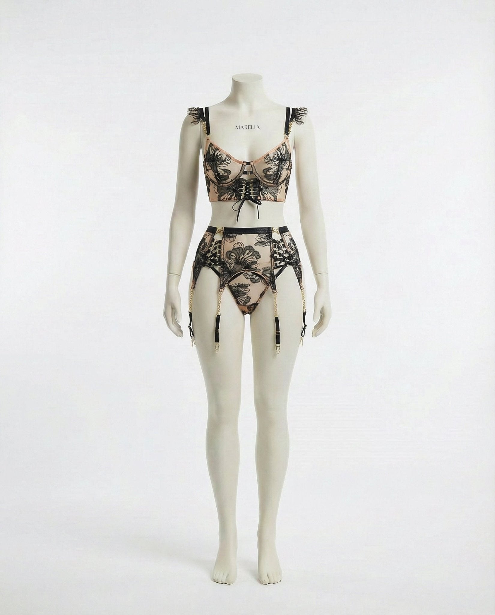 Black Embroidered Bra Suspender Belt And G-String Set - Marelia