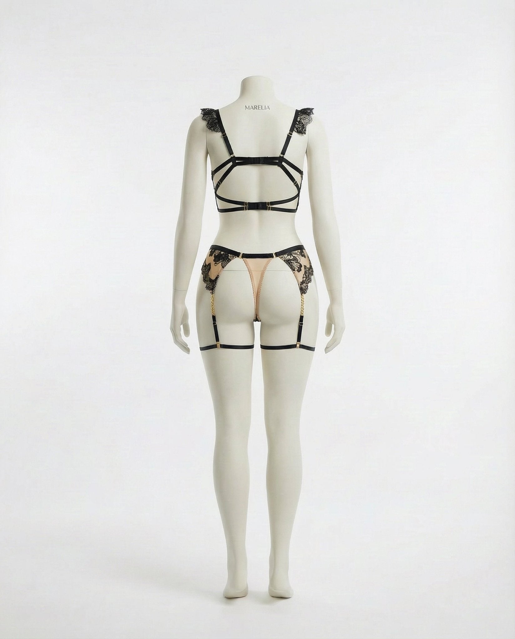 Black Embroidered Bra Suspender Belt And G-String Set - Marelia